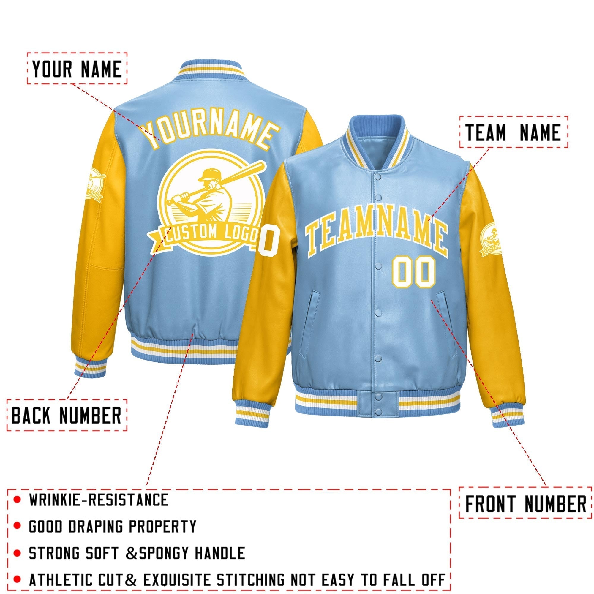 Custom Powder Blue Yellow Raglan Sleeves Full-Snap Faux Leather Letterman Jacket| KXKSHOP