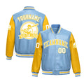 Custom Powder Blue Yellow Raglan Sleeves Full-Snap Faux Leather Letterman Jacket| KXKSHOP