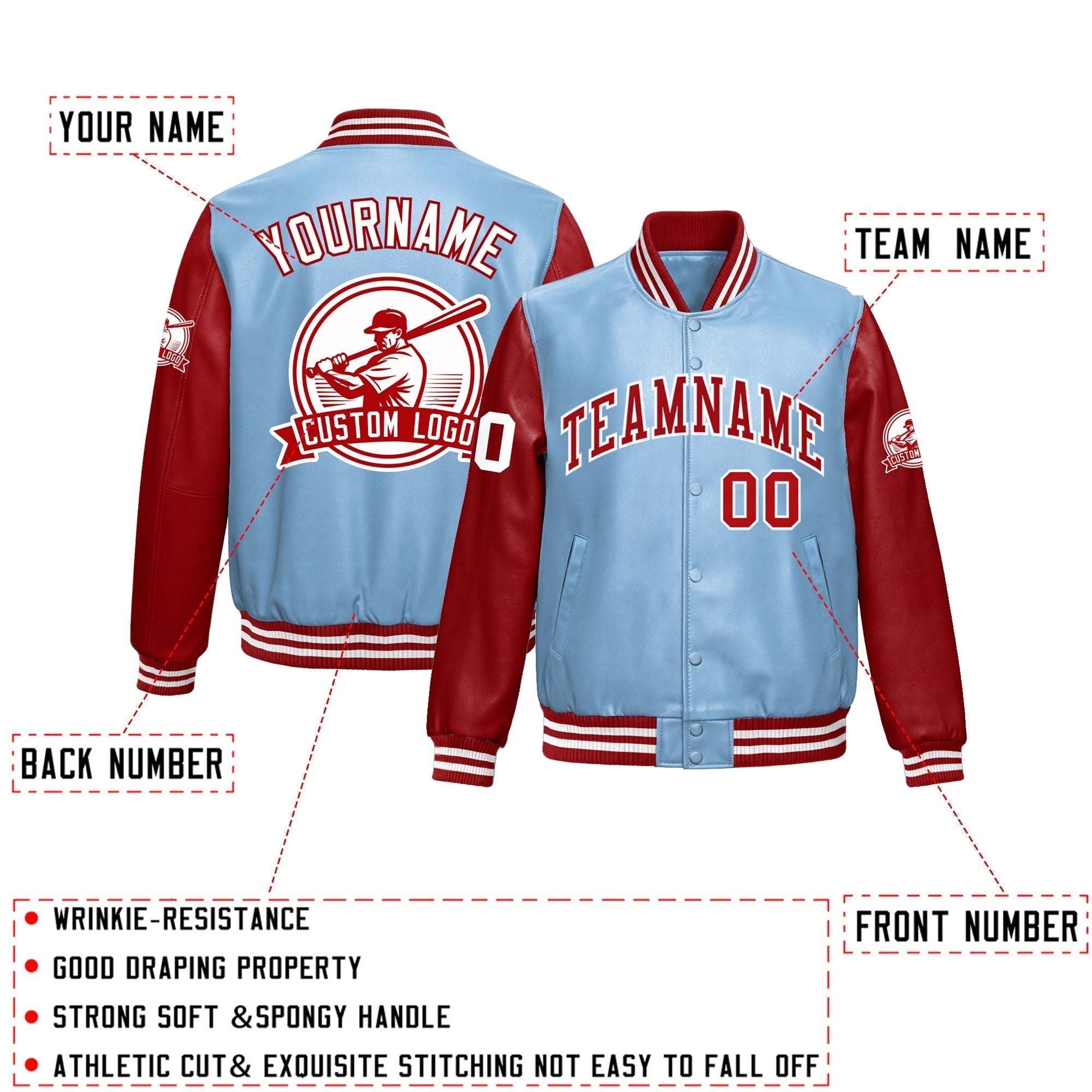 Custom Powder Blue Red Raglan Sleeves Full-Snap Faux Leather Letterman Jacket| KXKSHOP