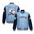 Custom Powder Blue Navy Raglan Sleeves Full-Snap Faux Leather Letterman Jacket| KXKSHOP