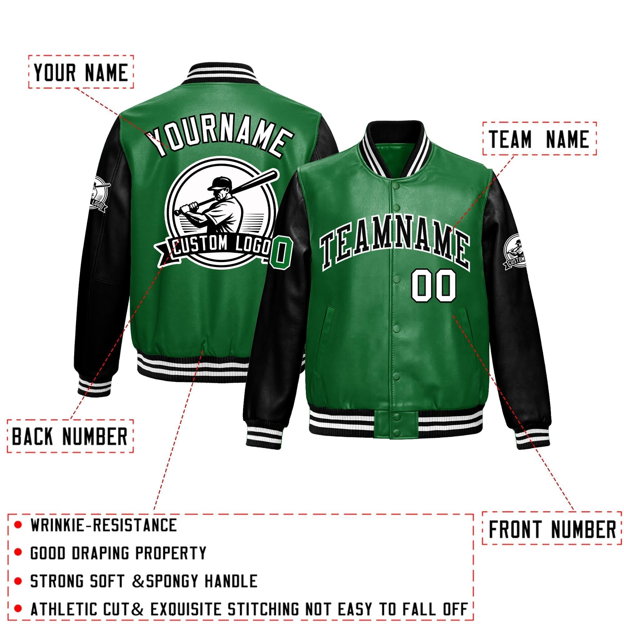 Custom Kelly Green Black Raglan Sleeves Full-Snap Faux Leather Letterman Jacket| KXKSHOP