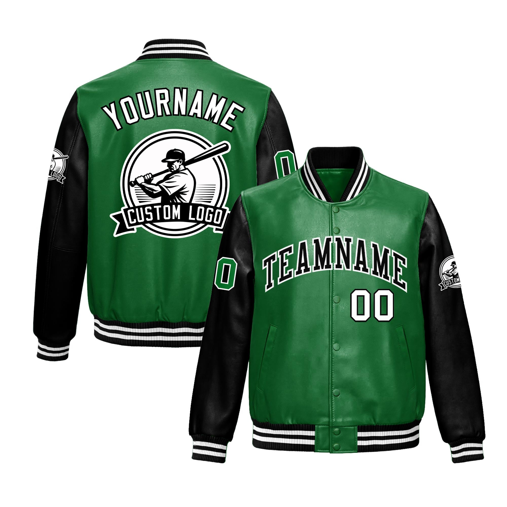 Custom Kelly Green Black Raglan Sleeves Full-Snap Faux Leather Letterman Jacket| KXKSHOP