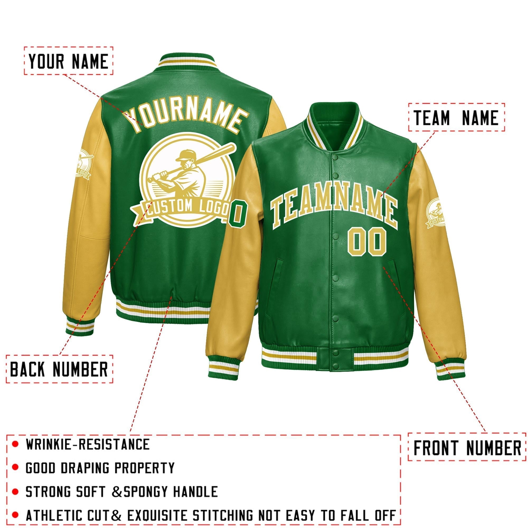 Custom Kelly Green Khaki Raglan Sleeves Full-Snap Faux Leather Letterman Jacket| KXKSHOP