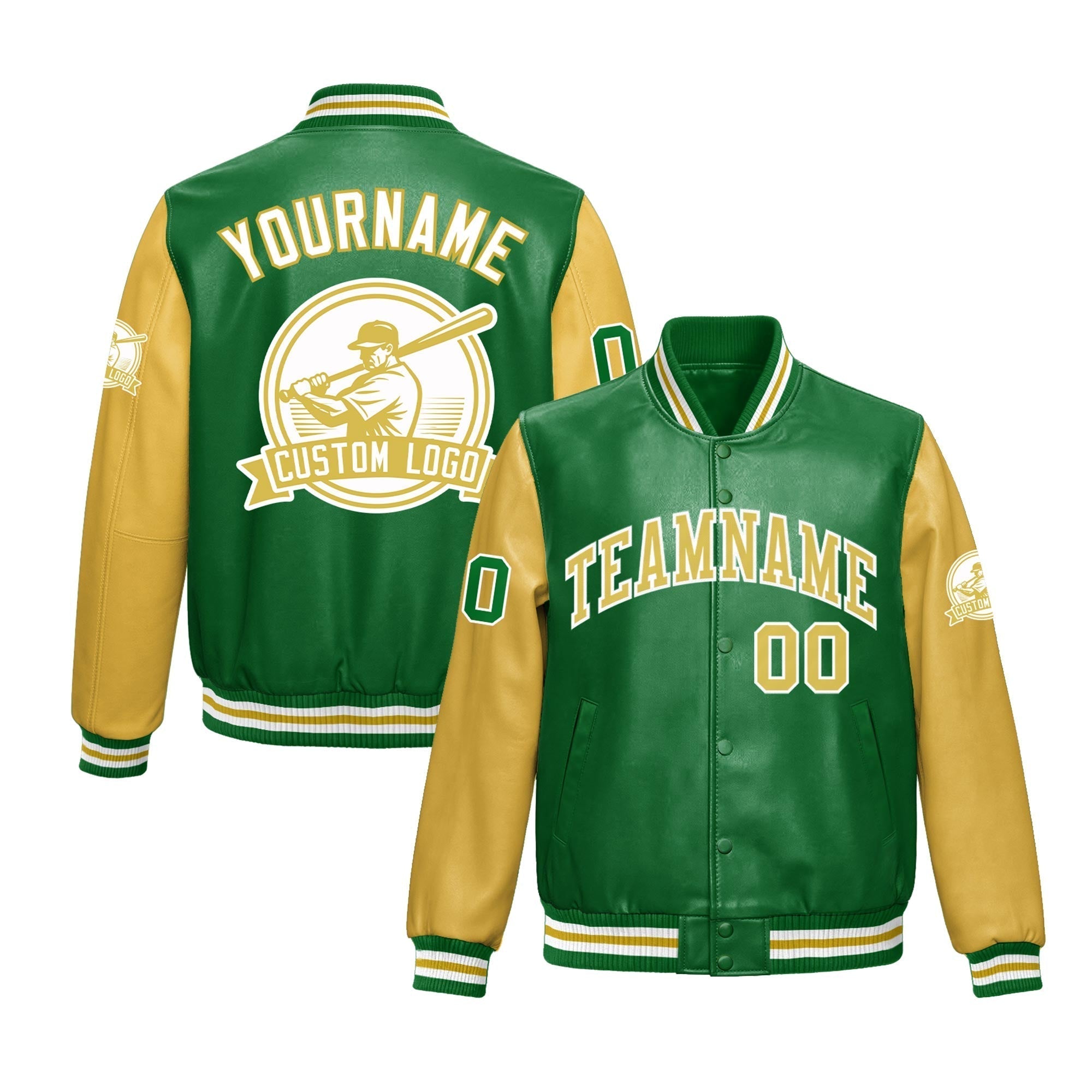 Custom Kelly Green Khaki Raglan Sleeves Full-Snap Faux Leather Letterman Jacket| KXKSHOP