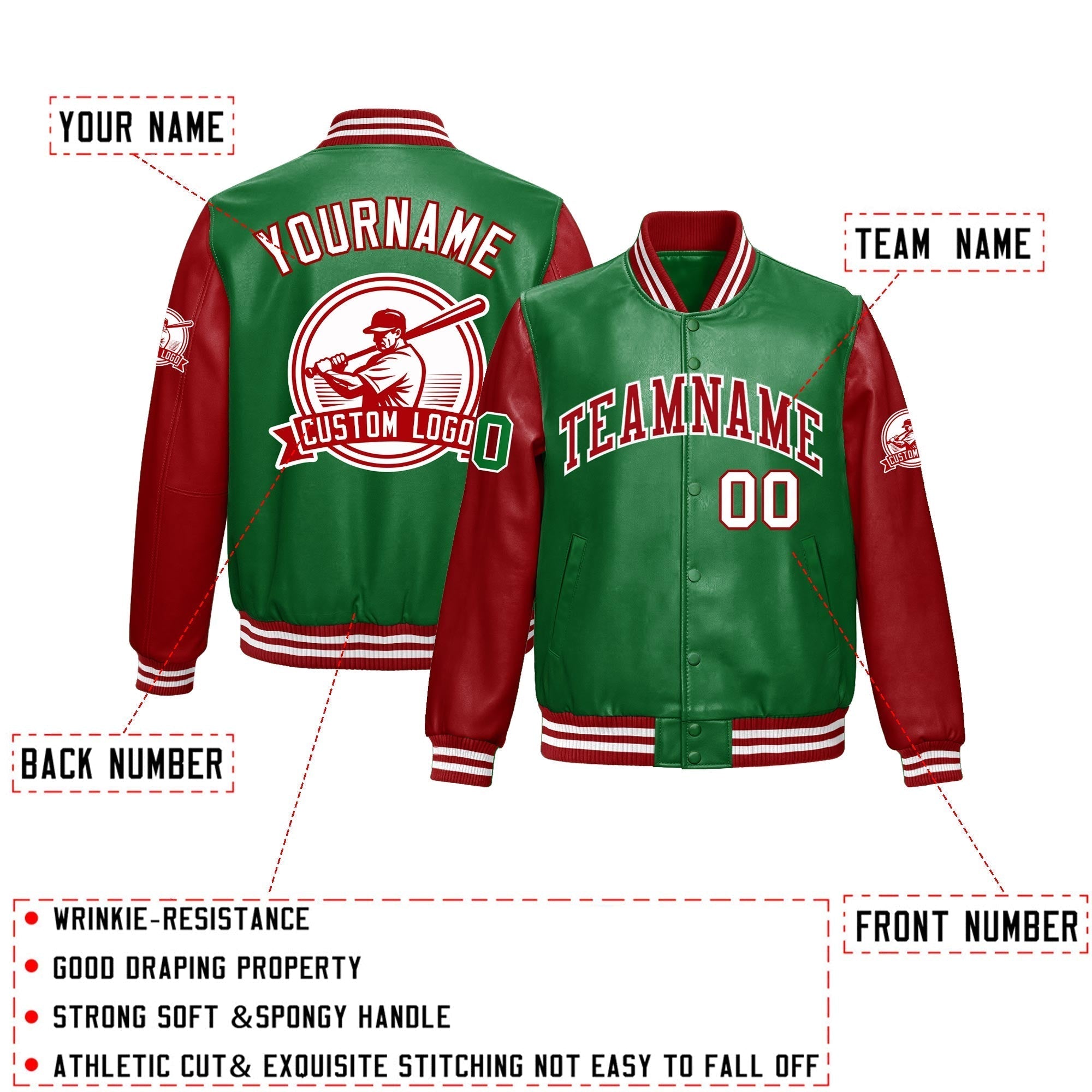 Custom Kelly Green Red Raglan Sleeves Full-Snap Faux Leather Letterman Jacket| KXKSHOP