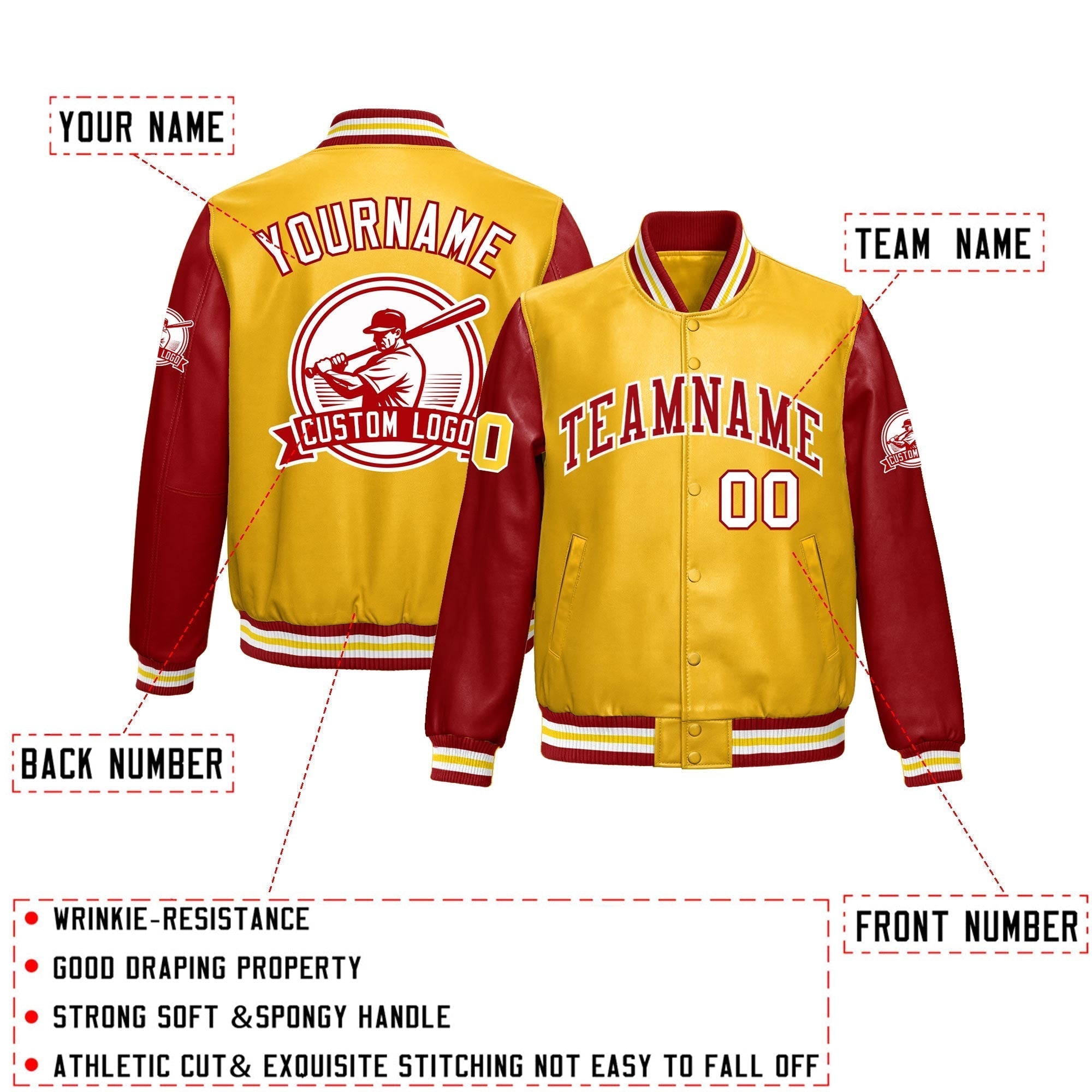 Custom Yellow Red Raglan Sleeves Full-Snap Faux Leather Letterman Jacket| KXKSHOP