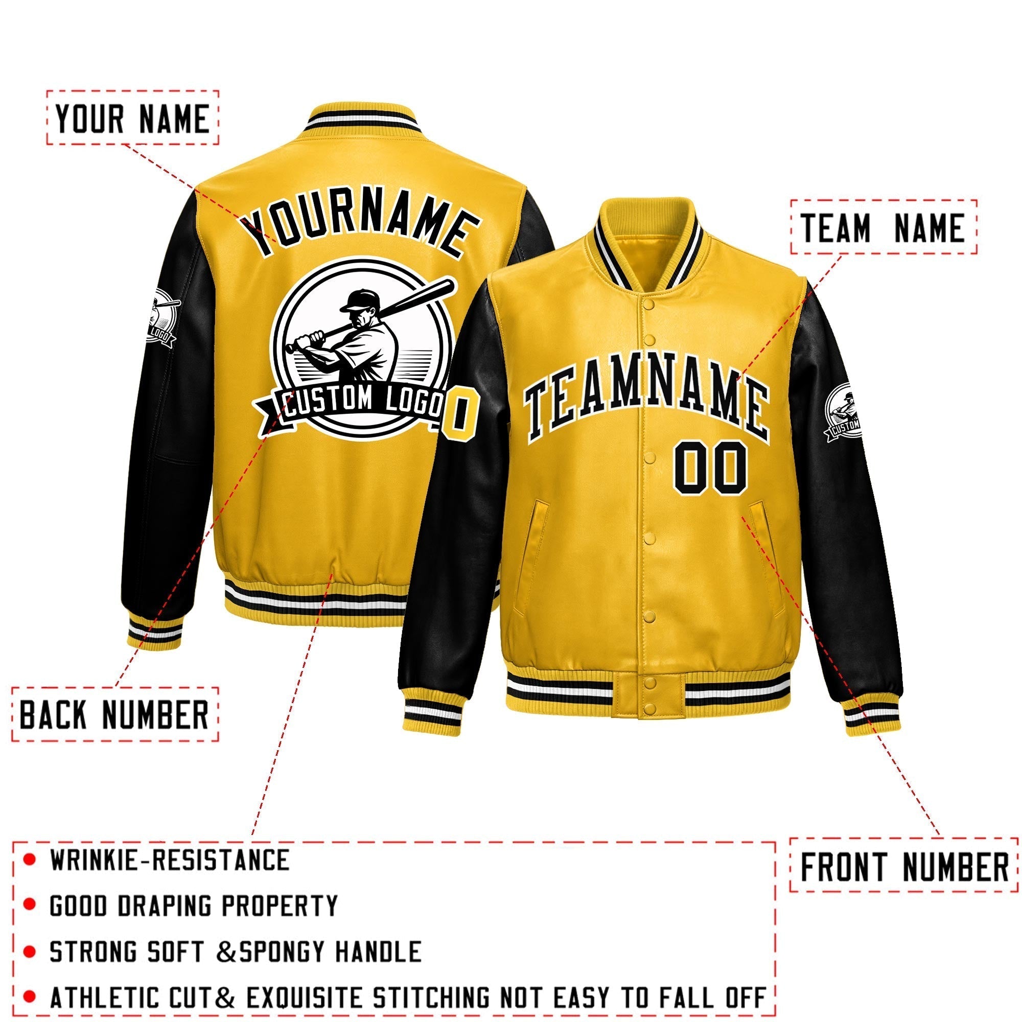 Custom Yellow Black Raglan Sleeves Full-Snap Faux Leather Letterman Jacket| KXKSHOP