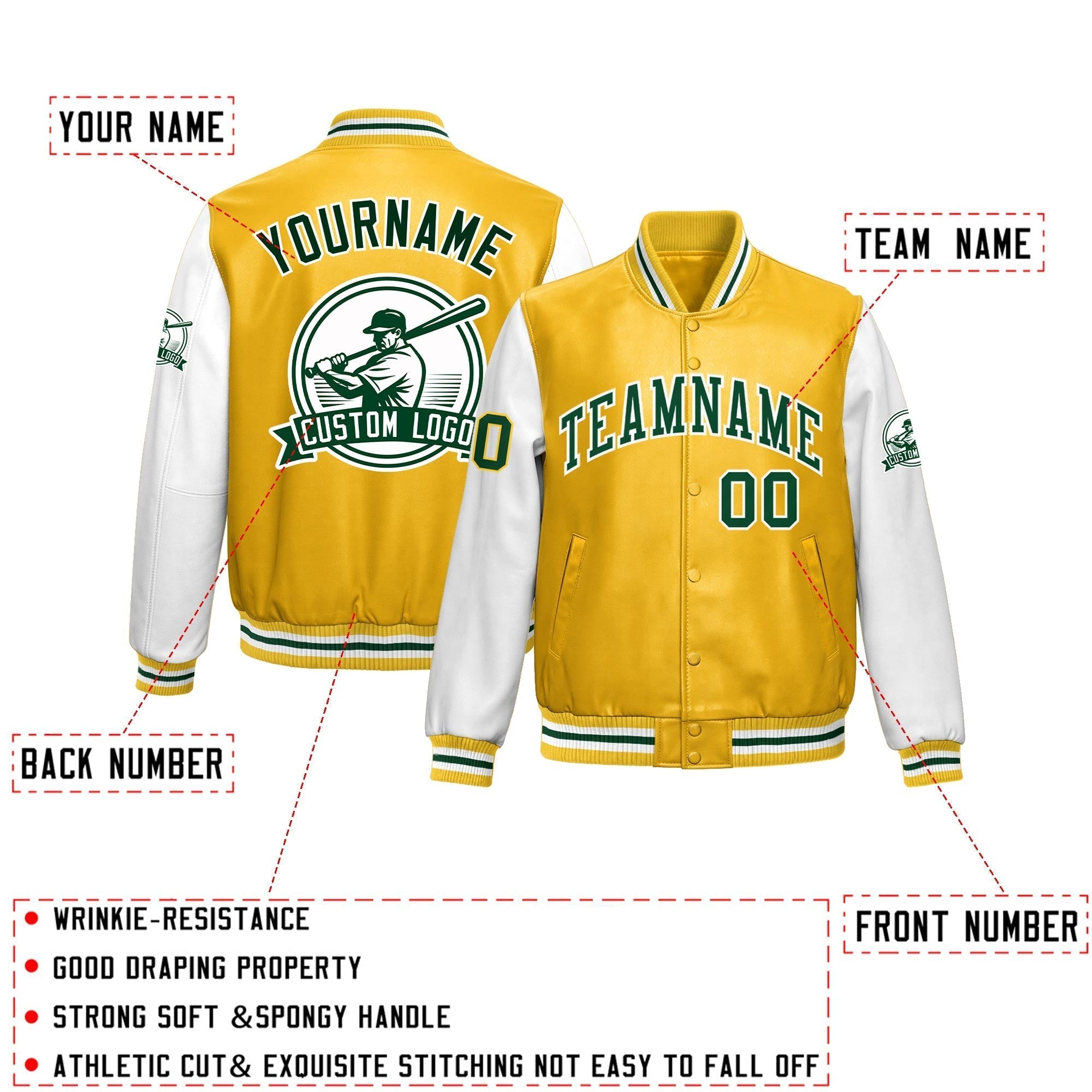 Custom Yellow White Raglan Sleeves Full-Snap Faux Leather Letterman Jacket| KXKSHOP