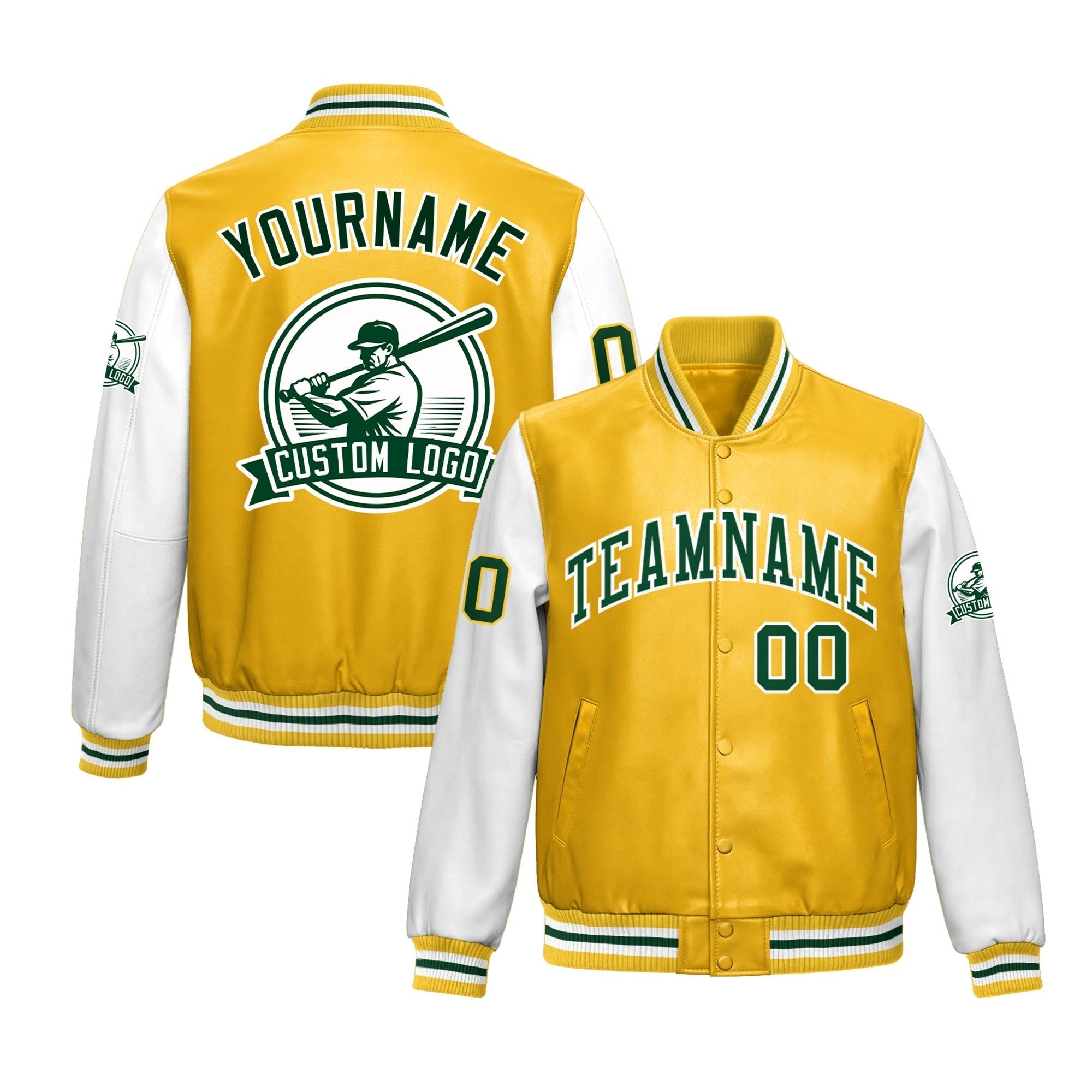 Custom Yellow White Raglan Sleeves Full-Snap Faux Leather Letterman Jacket| KXKSHOP
