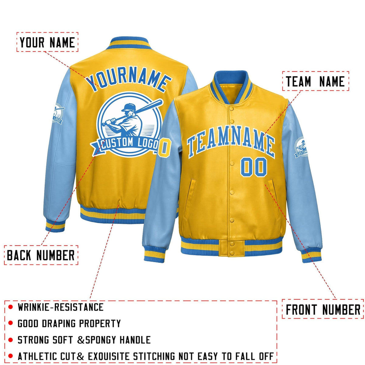 Custom Yellow Powder Blue Raglan Sleeves Full-Snap Faux Leather Letterman Jacket| KXKSHOP