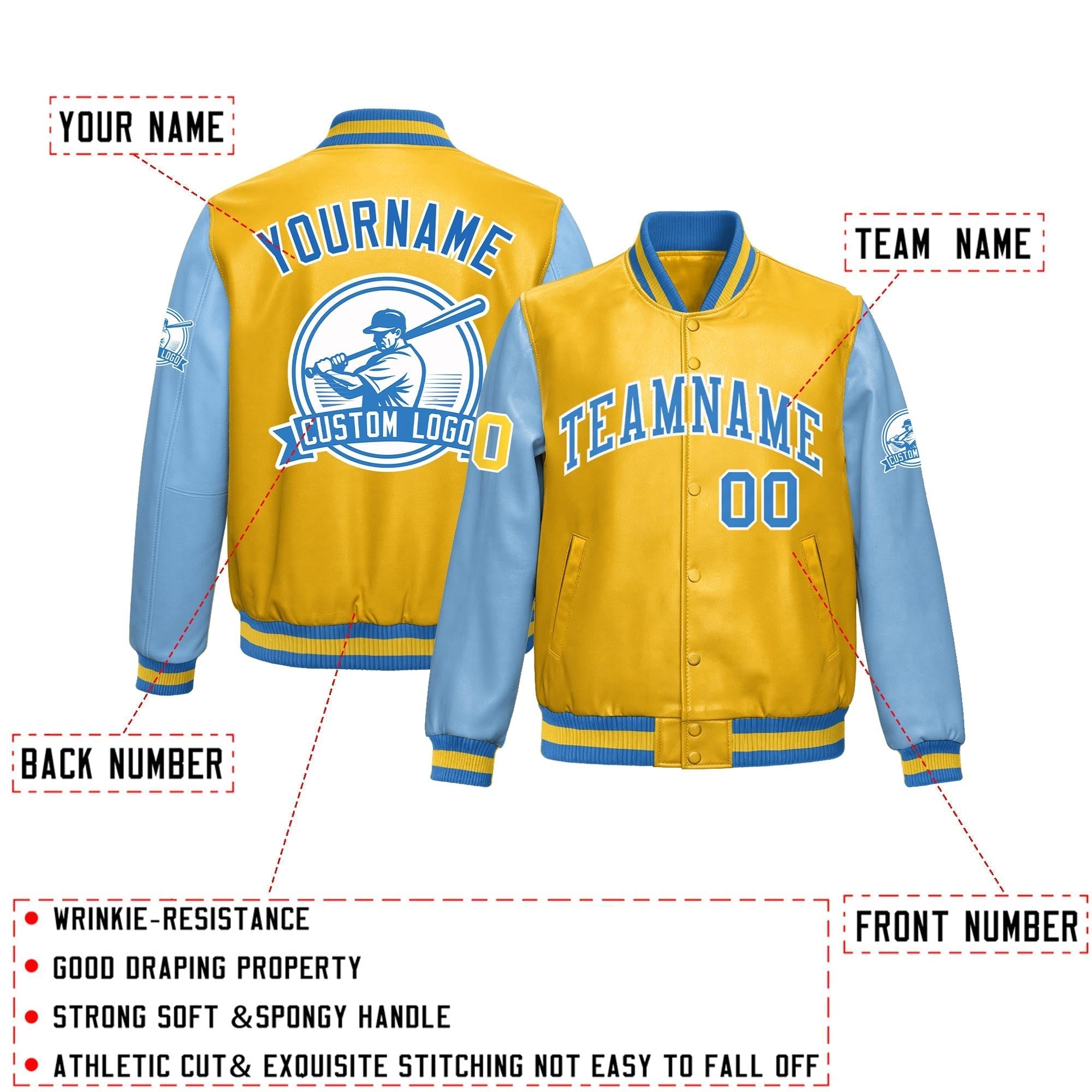 Custom Yellow Powder Blue Raglan Sleeves Full-Snap Faux Leather Letterman Jacket| KXKSHOP