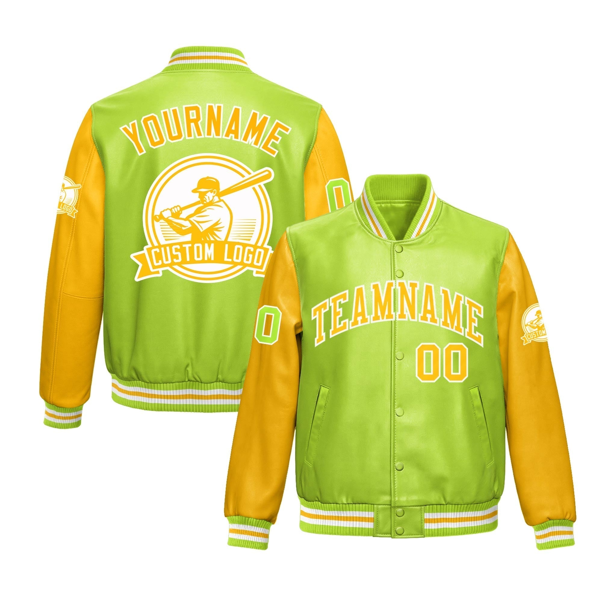 Custom Neon Green Yellow Raglan Sleeves Full-Snap Faux Leather Letterman Jacket| KXKSHOP