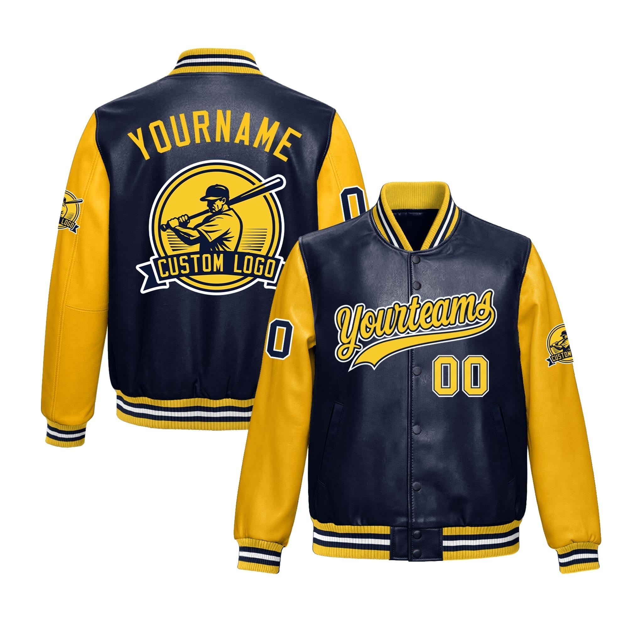 Custom Navy Yellow Raglan Sleeves Full-Snap Faux Leather Letterman Jacket| KXKSHOP