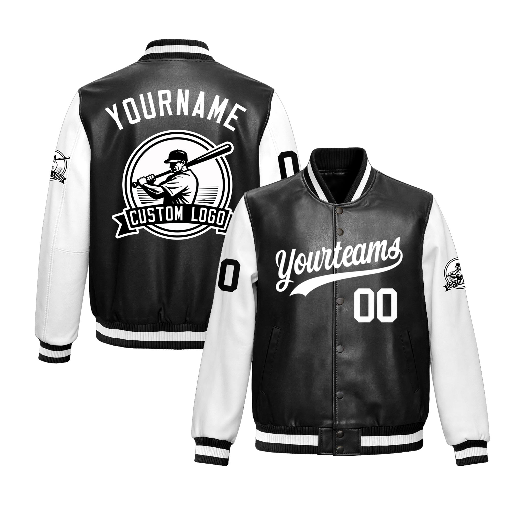 Custom Black White Raglan Sleeves Full-Snap Faux Leather Letterman Jacket| KXKSHOP