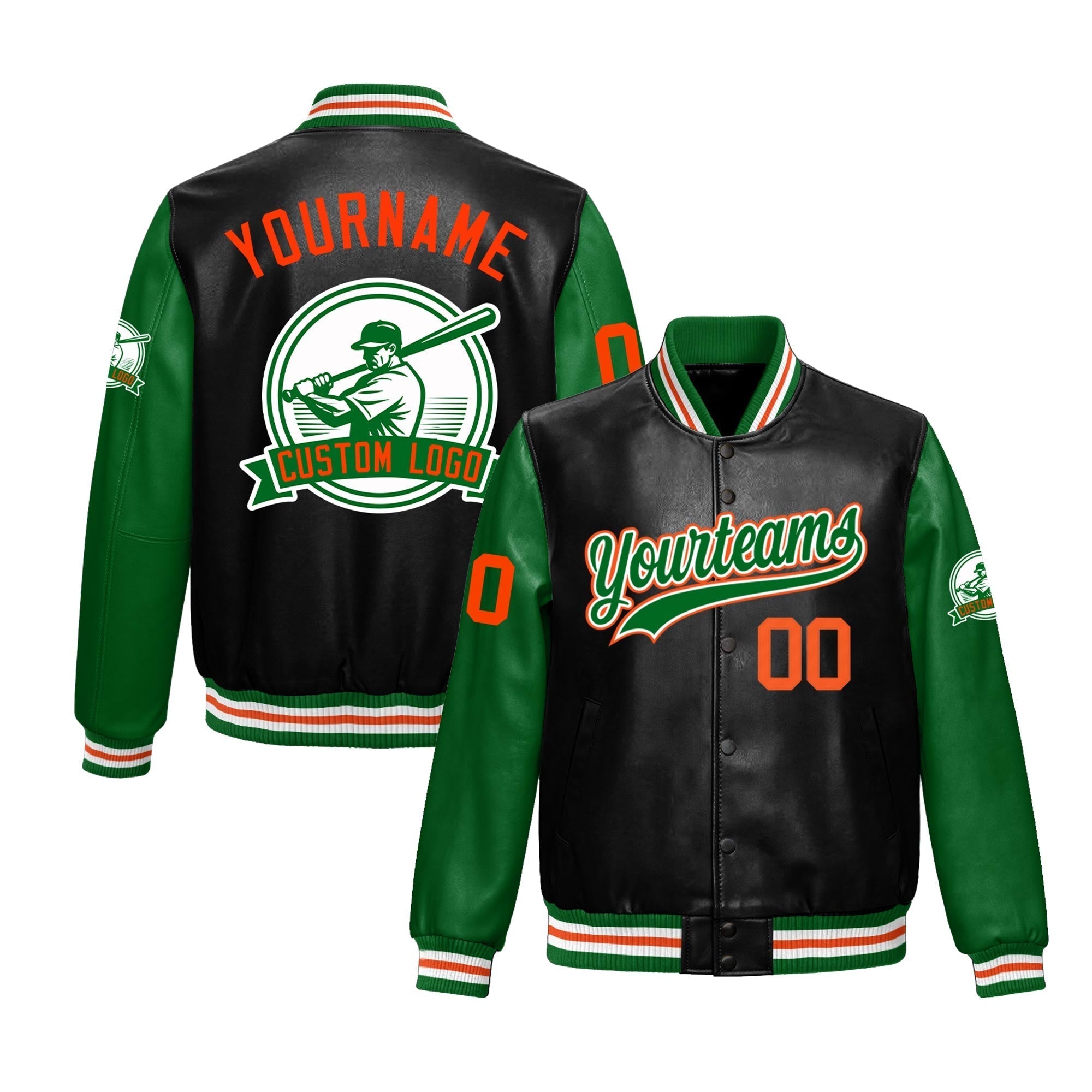 Custom Black Kelly Green Raglan Sleeves Full-Snap Faux Leather Letterman Jacket| KXKSHOP