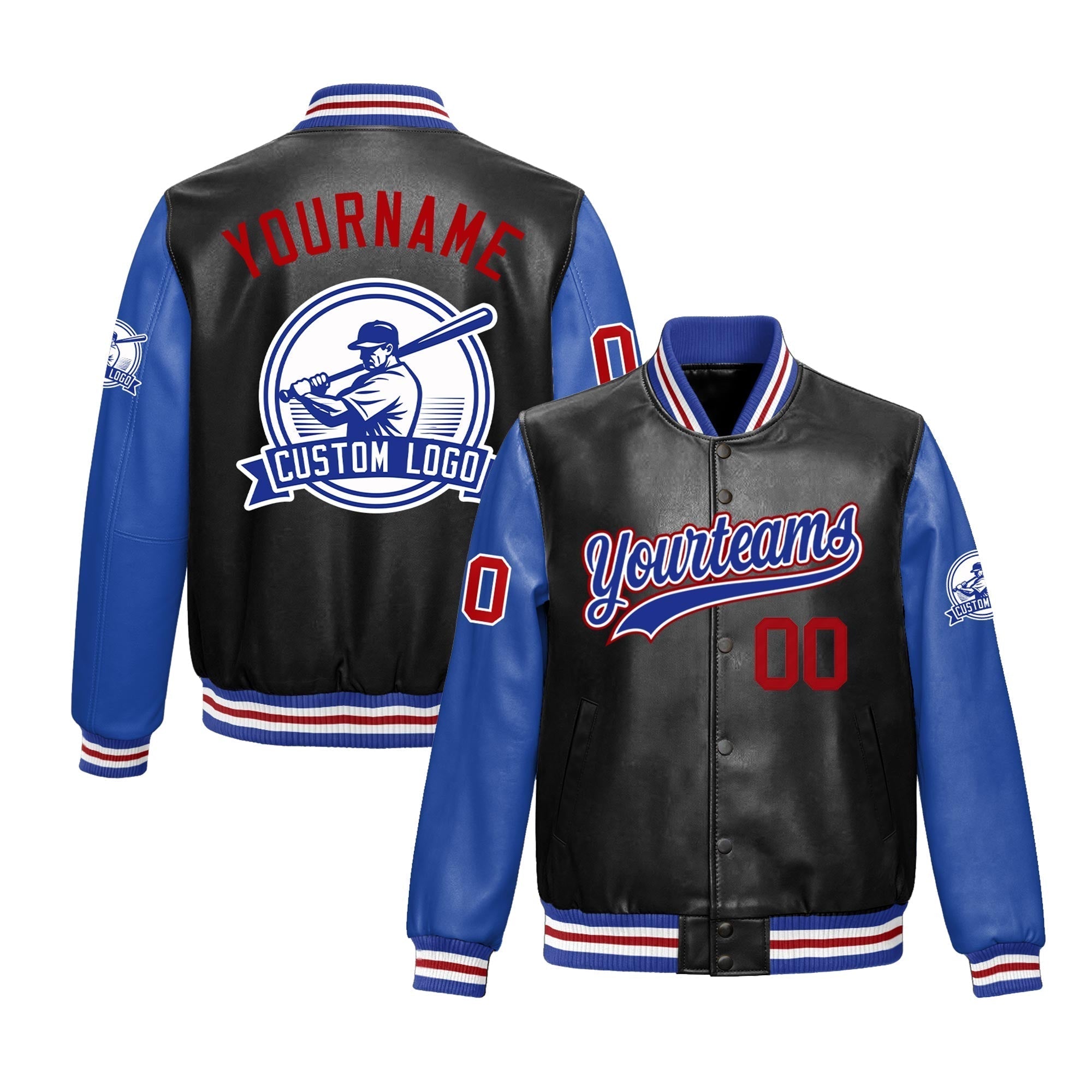 Custom Black Royal Blue Raglan Sleeves Full-Snap Faux Leather Letterman Jacket| KXKSHOP