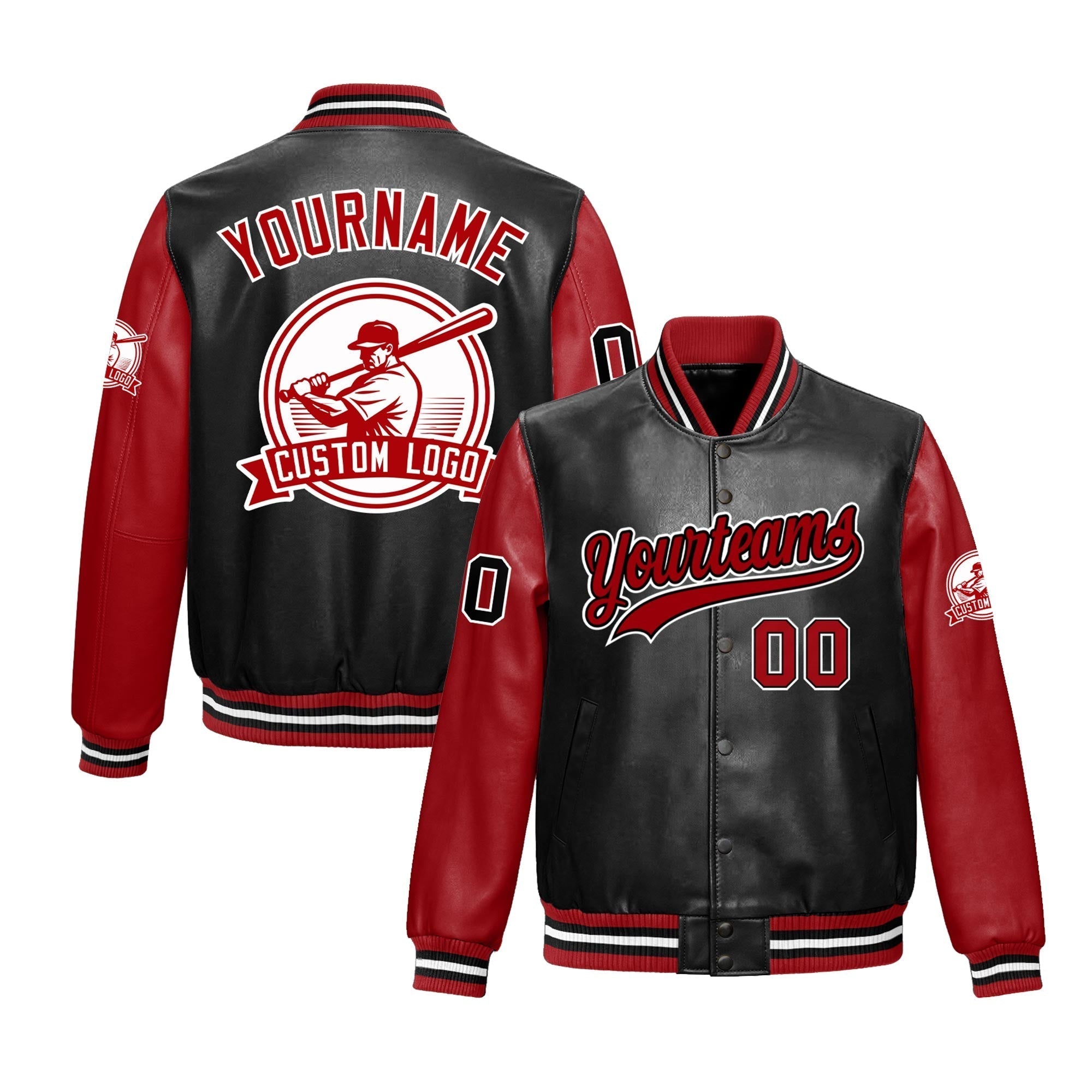 Custom Black Red Raglan Sleeves Full-Snap Faux Leather Letterman Jacket| KXKSHOP