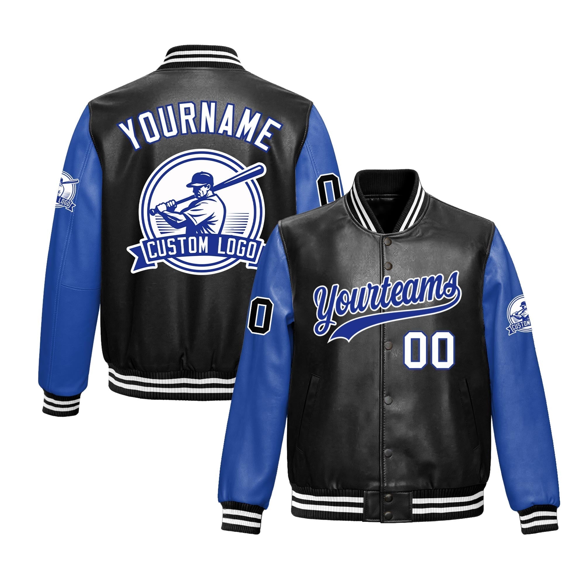 Custom Black Royal Blue Raglan Sleeves Full-Snap Faux Leather Letterman Jacket| KXKSHOP