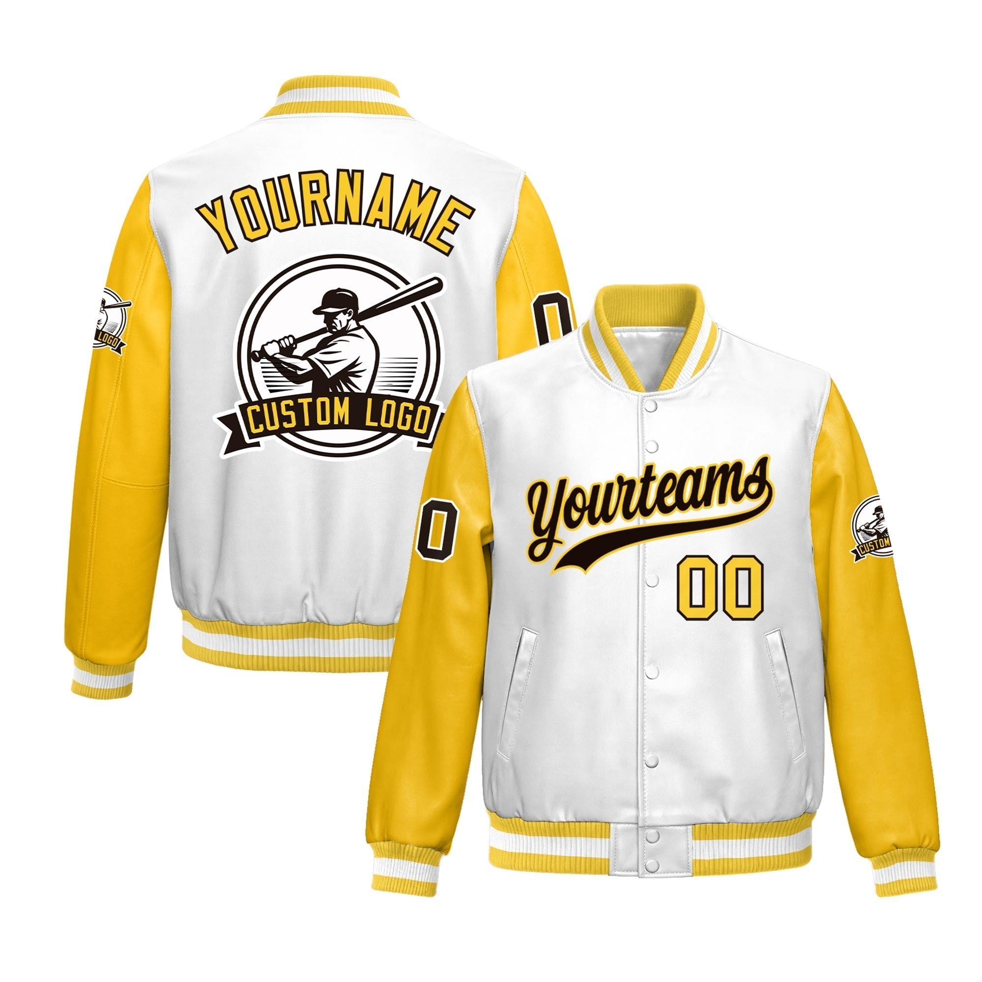 Custom Yellow Gold Raglan Sleeves Full-Snap Faux Leather Letterman Jacket| KXKSHOP