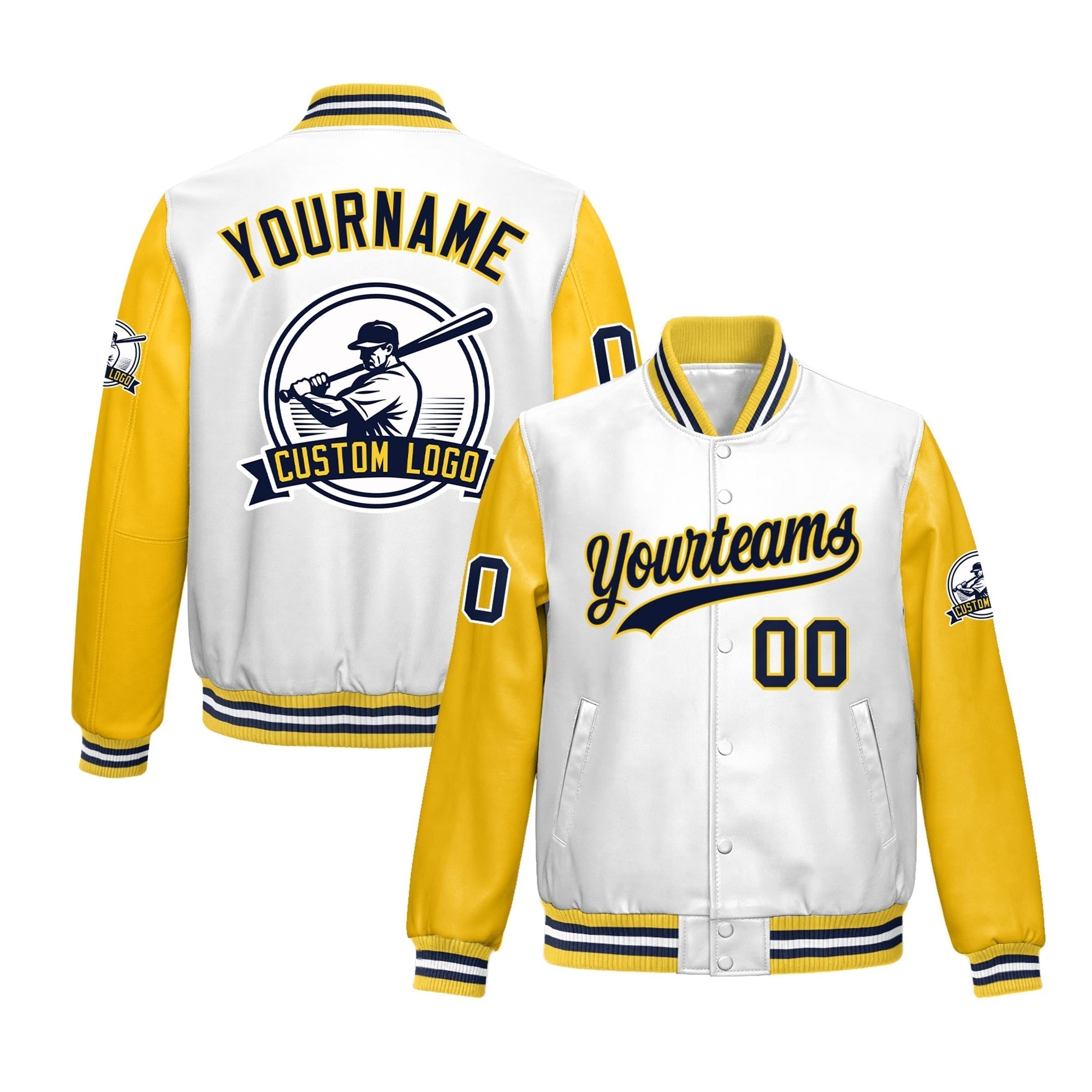 Custom Yellow White Raglan Sleeves Full-Snap Faux Leather Letterman Jacket| KXKSHOP