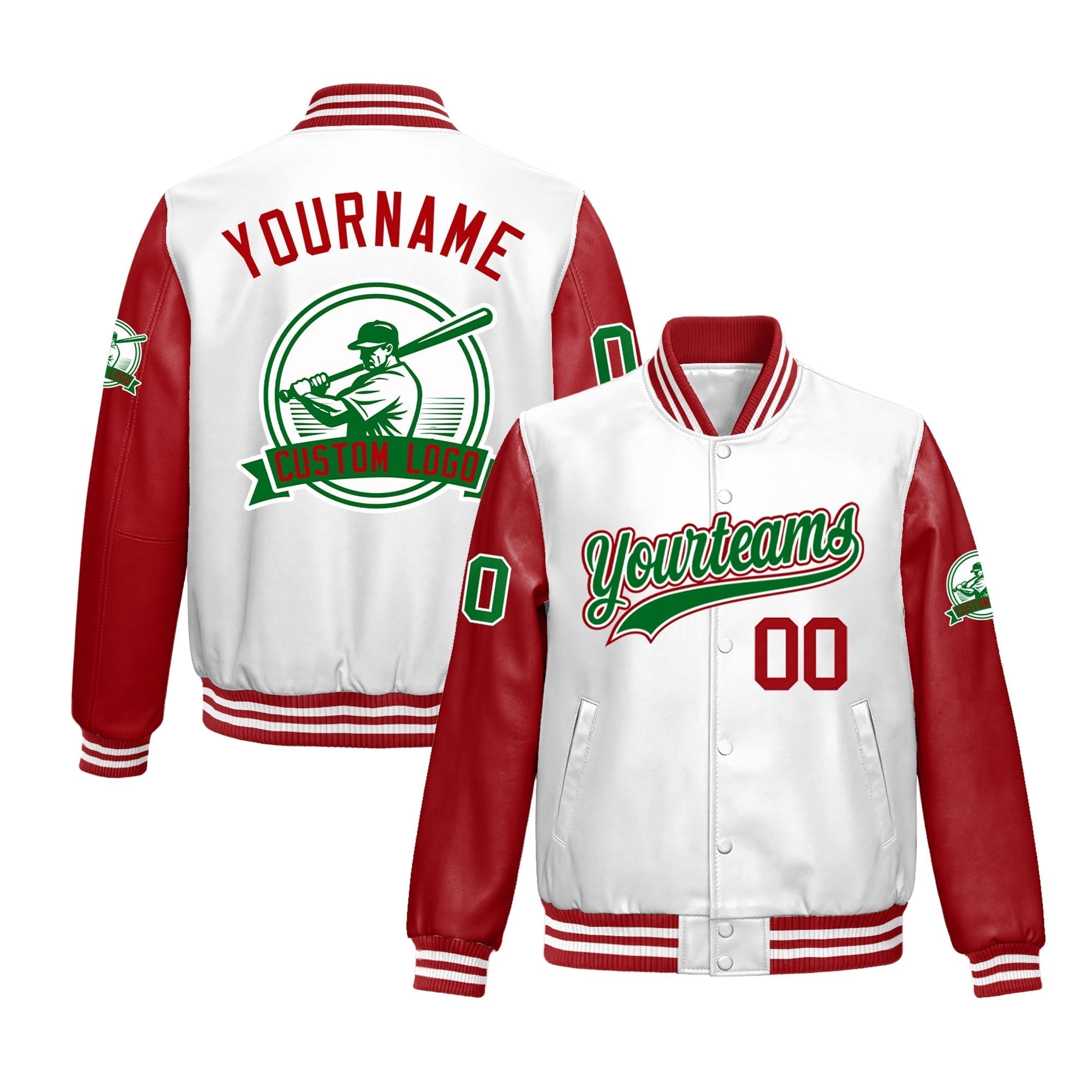 Custom Red White Raglan Sleeves Full-Snap Faux Leather Letterman Jacket| KXKSHOP