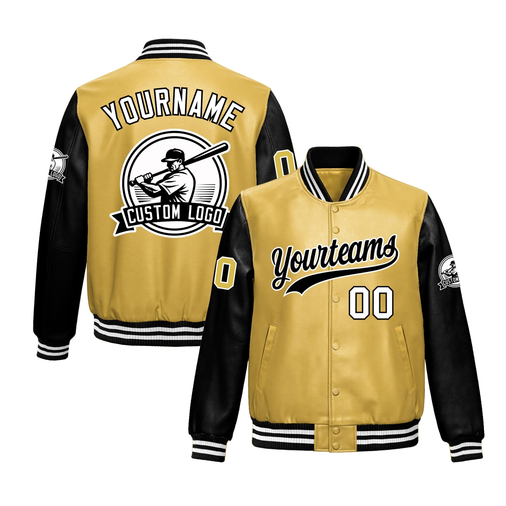 Custom Khaki Black Raglan Sleeves Full-Snap Faux Leather Letterman Jacket| KXKSHOP