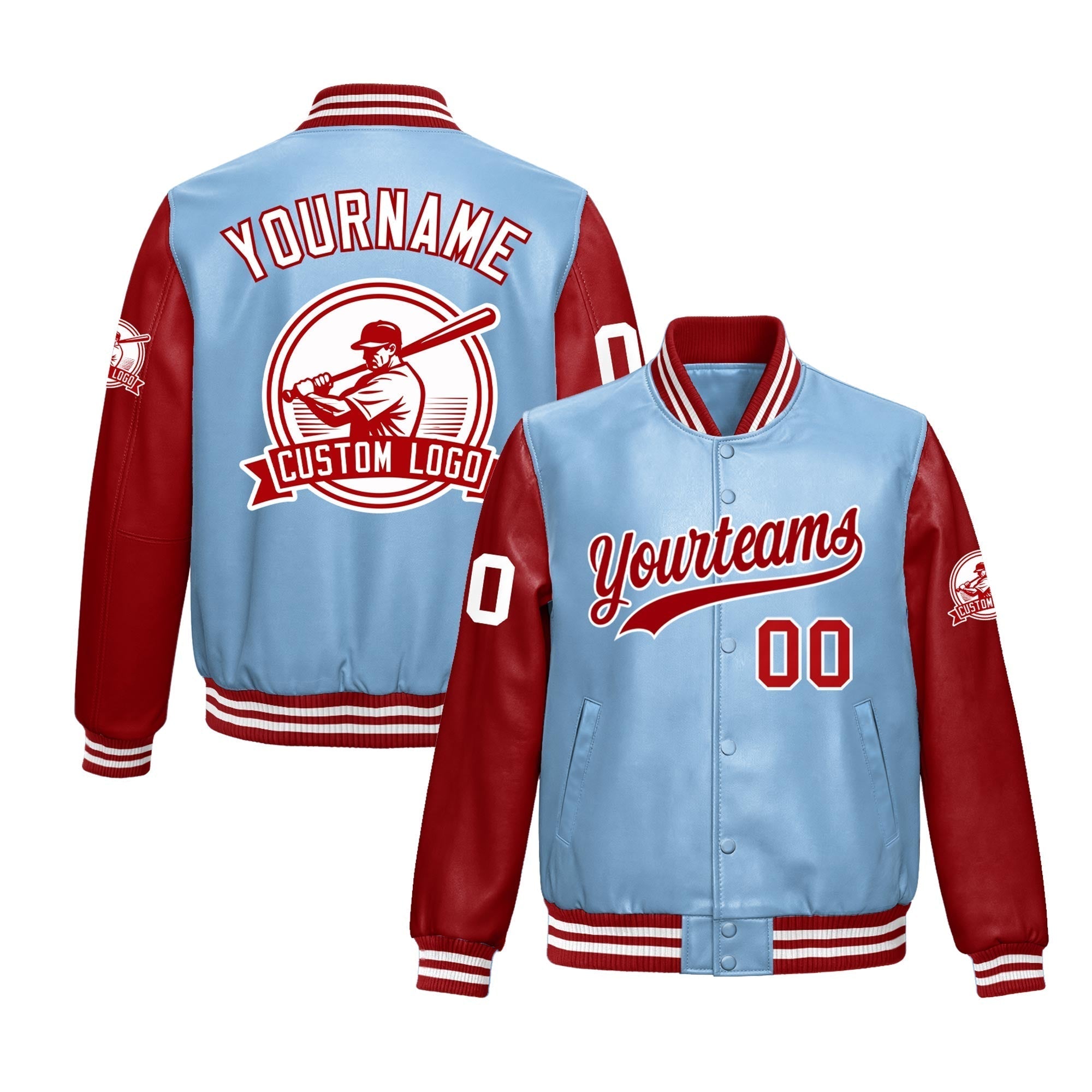 Custom Powder Blue Red Raglan Sleeves Full-Snap Faux Leather Letterman Jacket| KXKSHOP