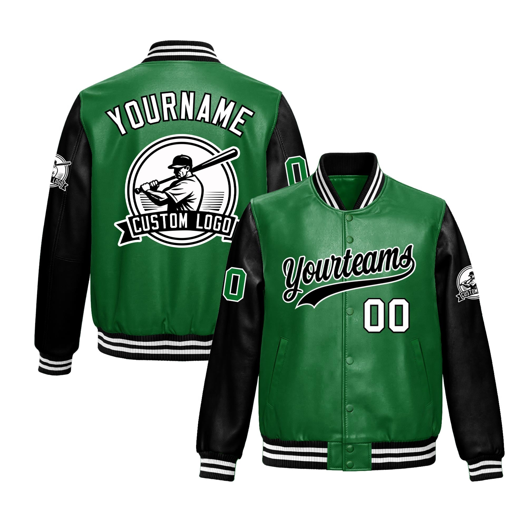 Custom Kelly Green Black Raglan Sleeves Full-Snap Faux Leather Letterman Jacket| KXKSHOP