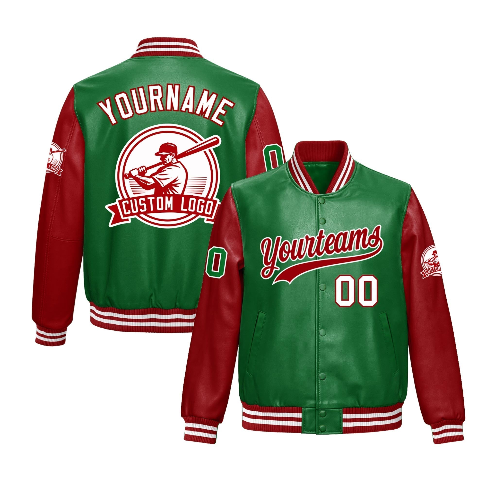 Custom Kelly Green Red Raglan Sleeves Full-Snap Faux Leather Letterman Jacket| KXKSHOP