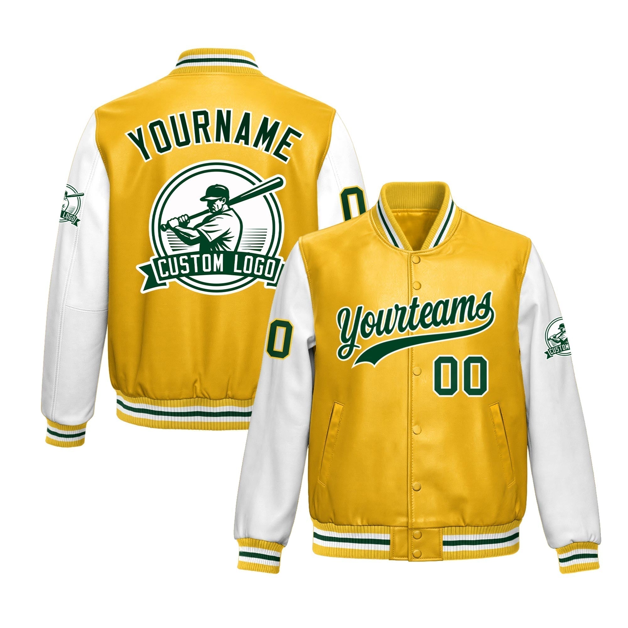 Custom Yellow White Raglan Sleeves Full-Snap Faux Leather Letterman Jacket| KXKSHOP