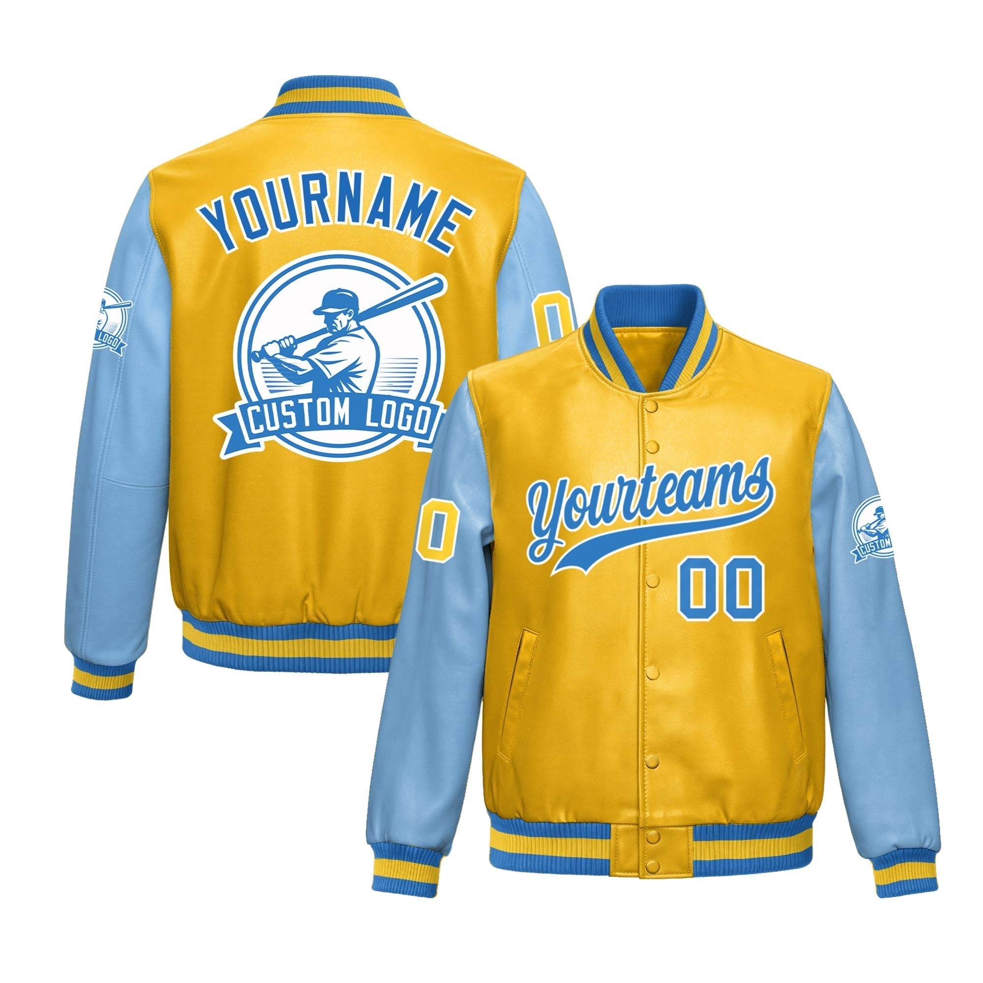 Custom Yellow Powder Blue Raglan Sleeves Full-Snap Faux Leather Letterman Jacket| KXKSHOP