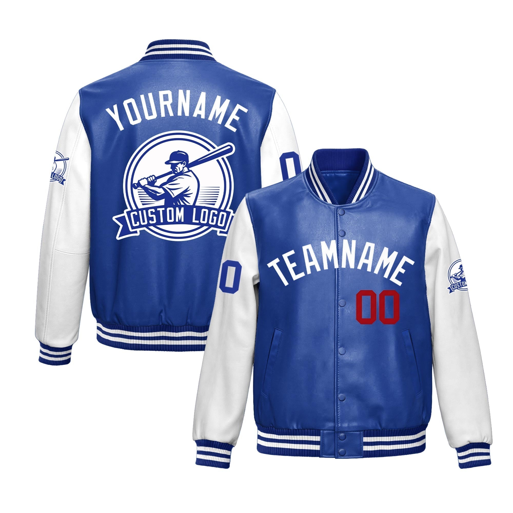 Custom Royal Blue White Raglan Sleeves Full-Snap Faux Leather Letterman Jacket| KXKSHOP