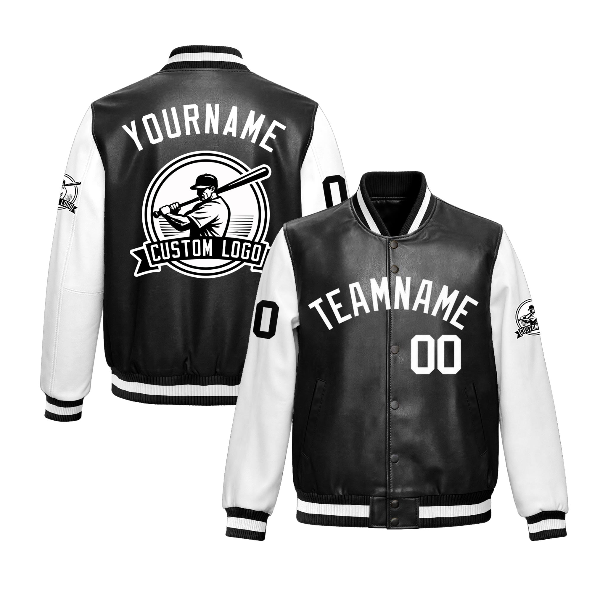 Custom Black White Raglan Sleeves Full-Snap Faux Leather Letterman Jacket| KXKSHOP
