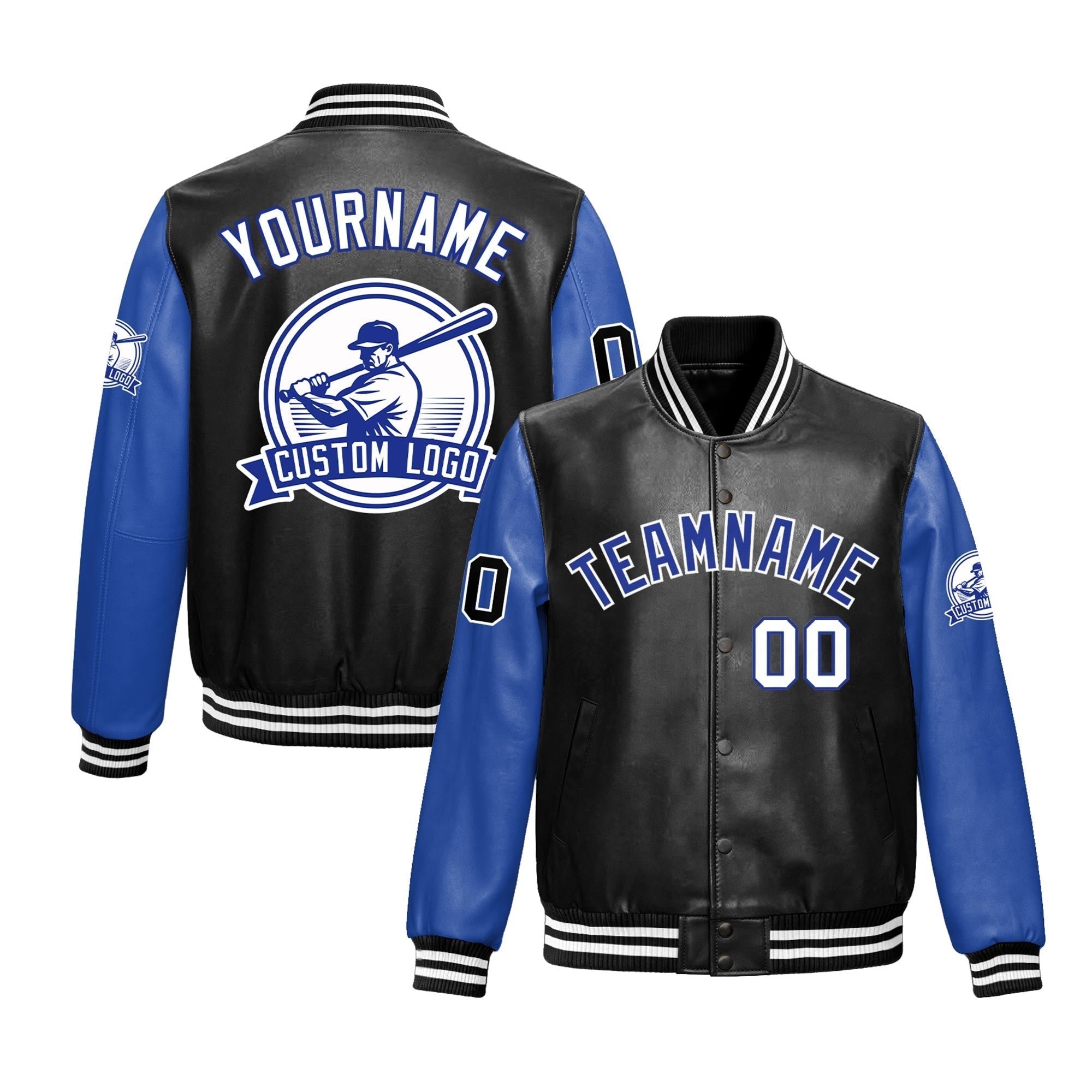 Custom Black Royal Blue Raglan Sleeves Full-Snap Faux Leather Letterman Jacket| KXKSHOP