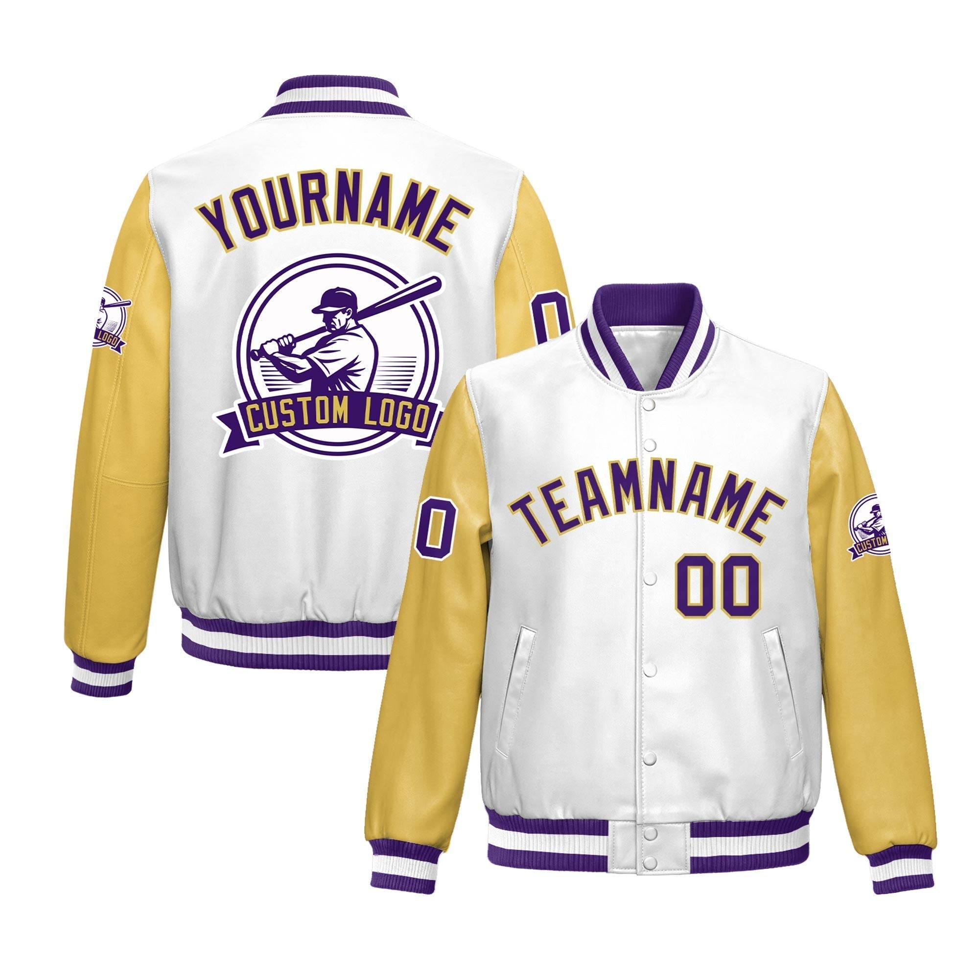 Custom Khaki Purple Raglan Sleeves Full-Snap Faux Leather Letterman Jacket| KXKSHOP