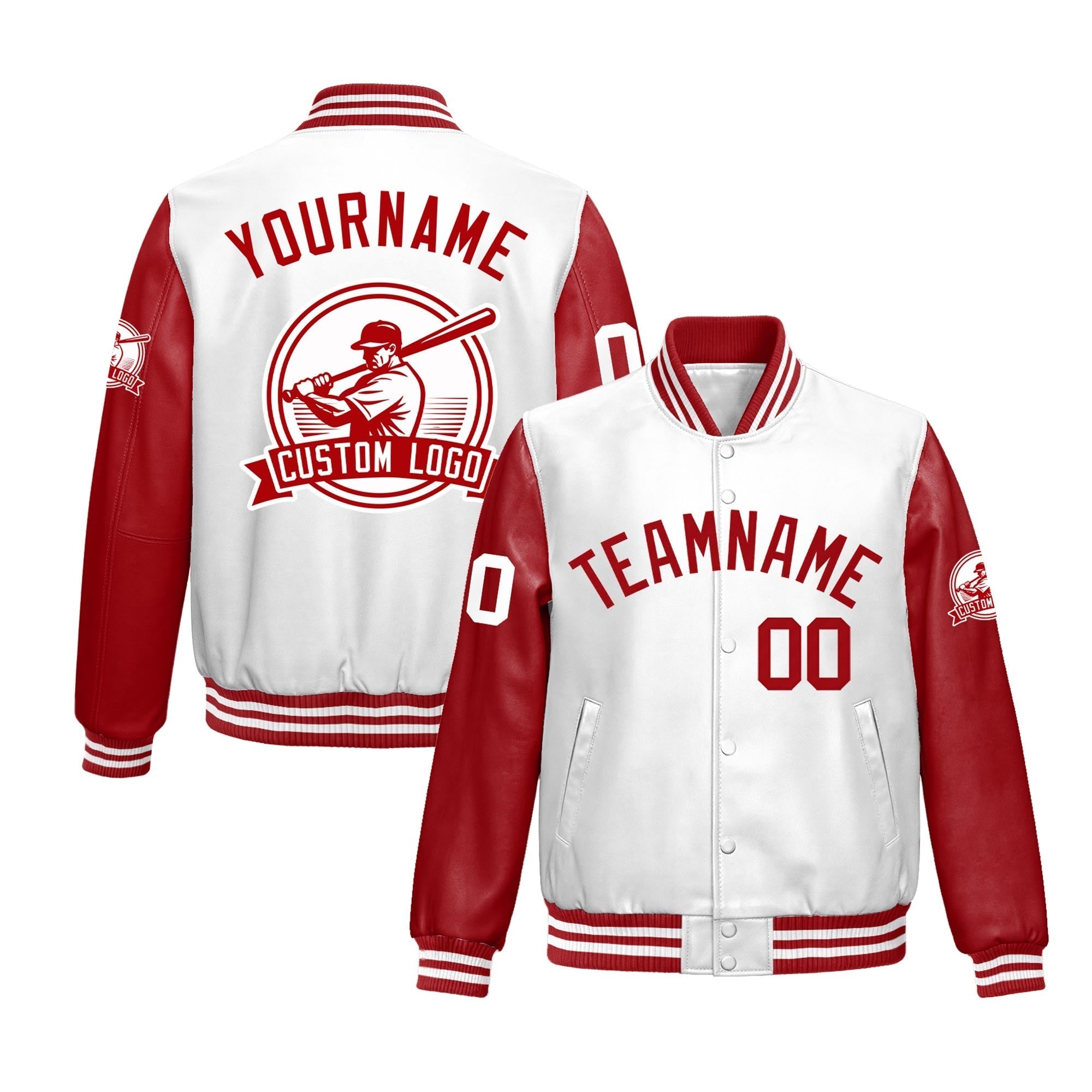 Custom Red White Raglan Sleeves Full-Snap Faux Leather Letterman Jacket| KXKSHOP