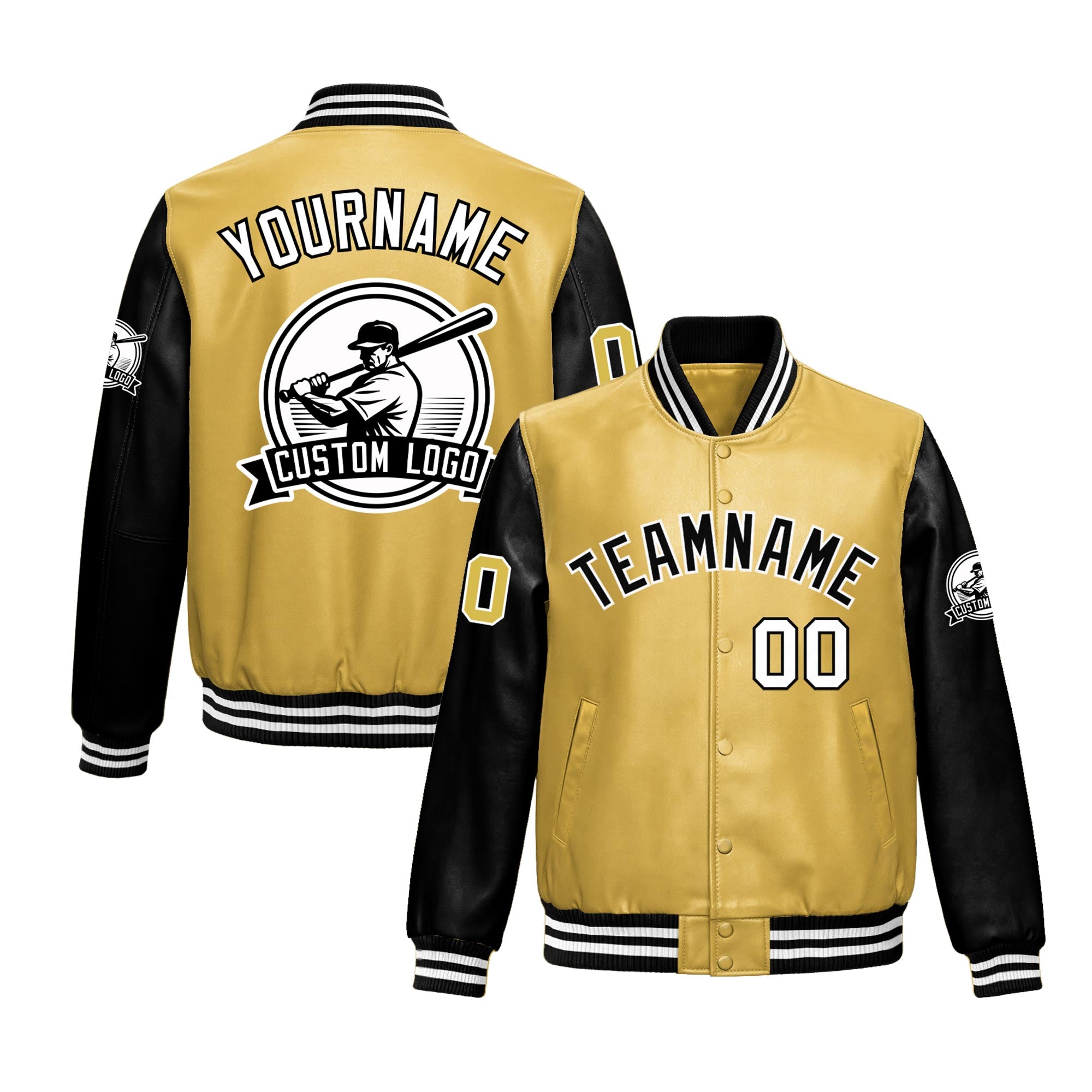 Custom Khaki Black Raglan Sleeves Full-Snap Faux Leather Letterman Jacket| KXKSHOP