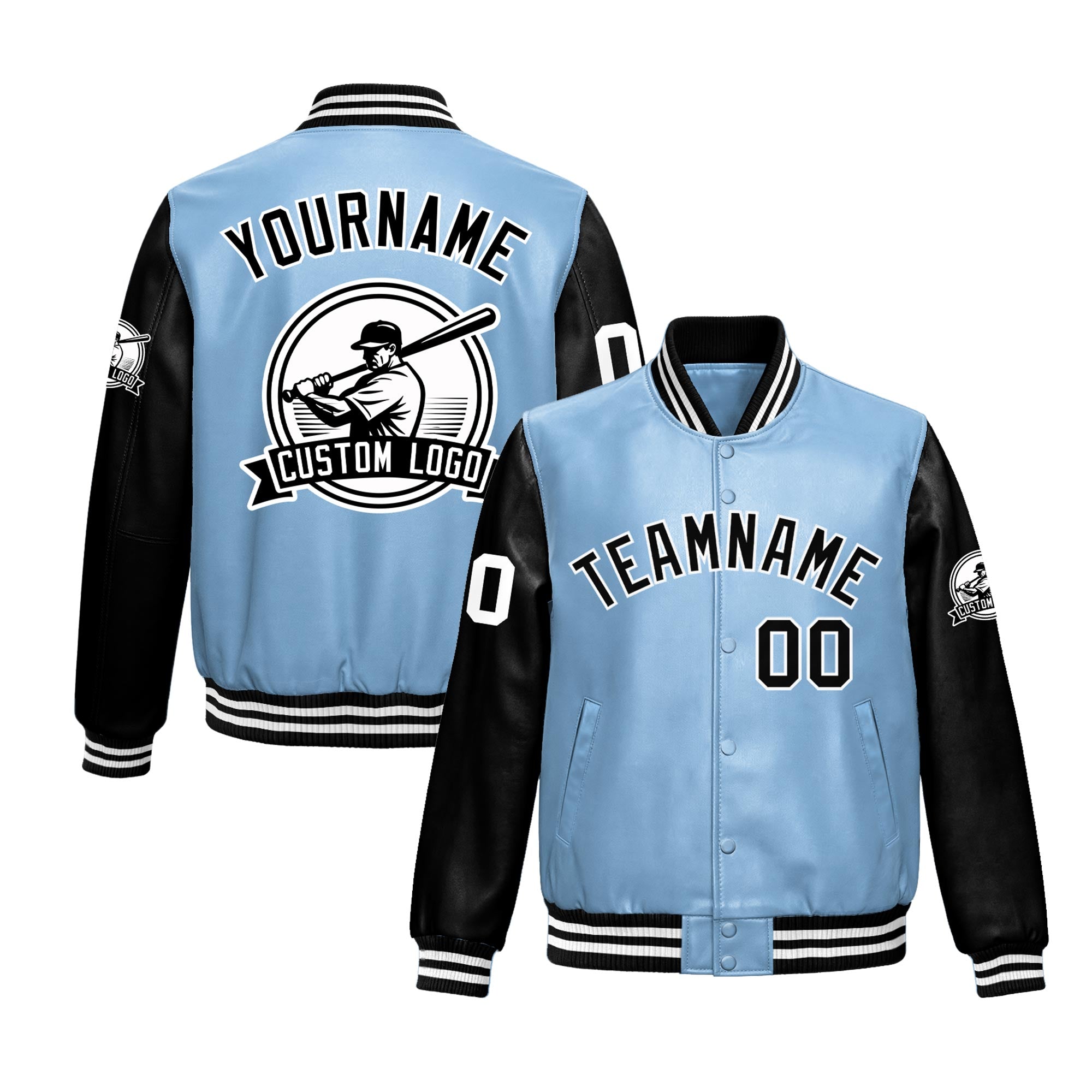 Custom Powder Blue Black Raglan Sleeves Full-Snap Faux Leather Letterman Jacket| KXKSHOP