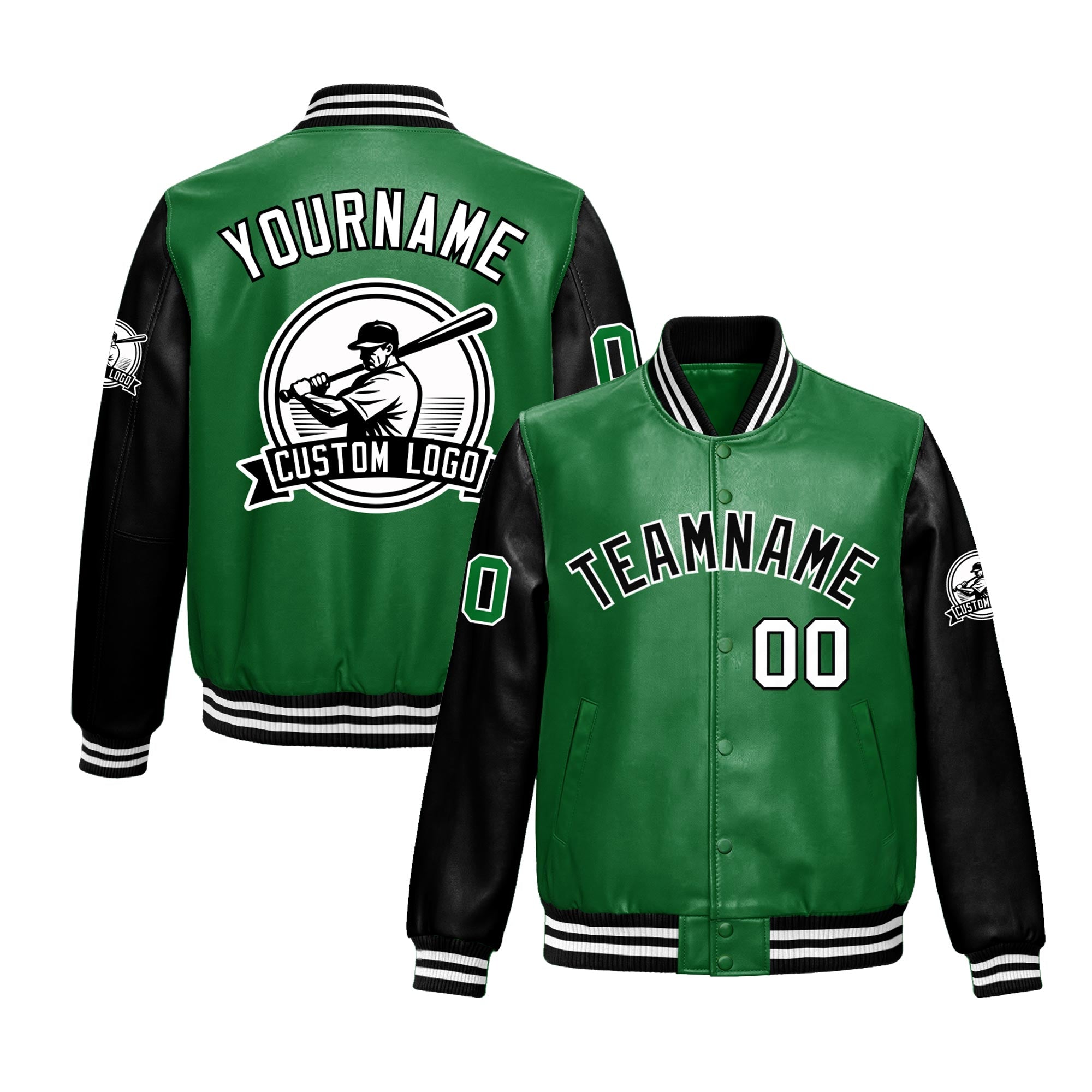 Custom Kelly Green Black Raglan Sleeves Full-Snap Faux Leather Letterman Jacket| KXKSHOP