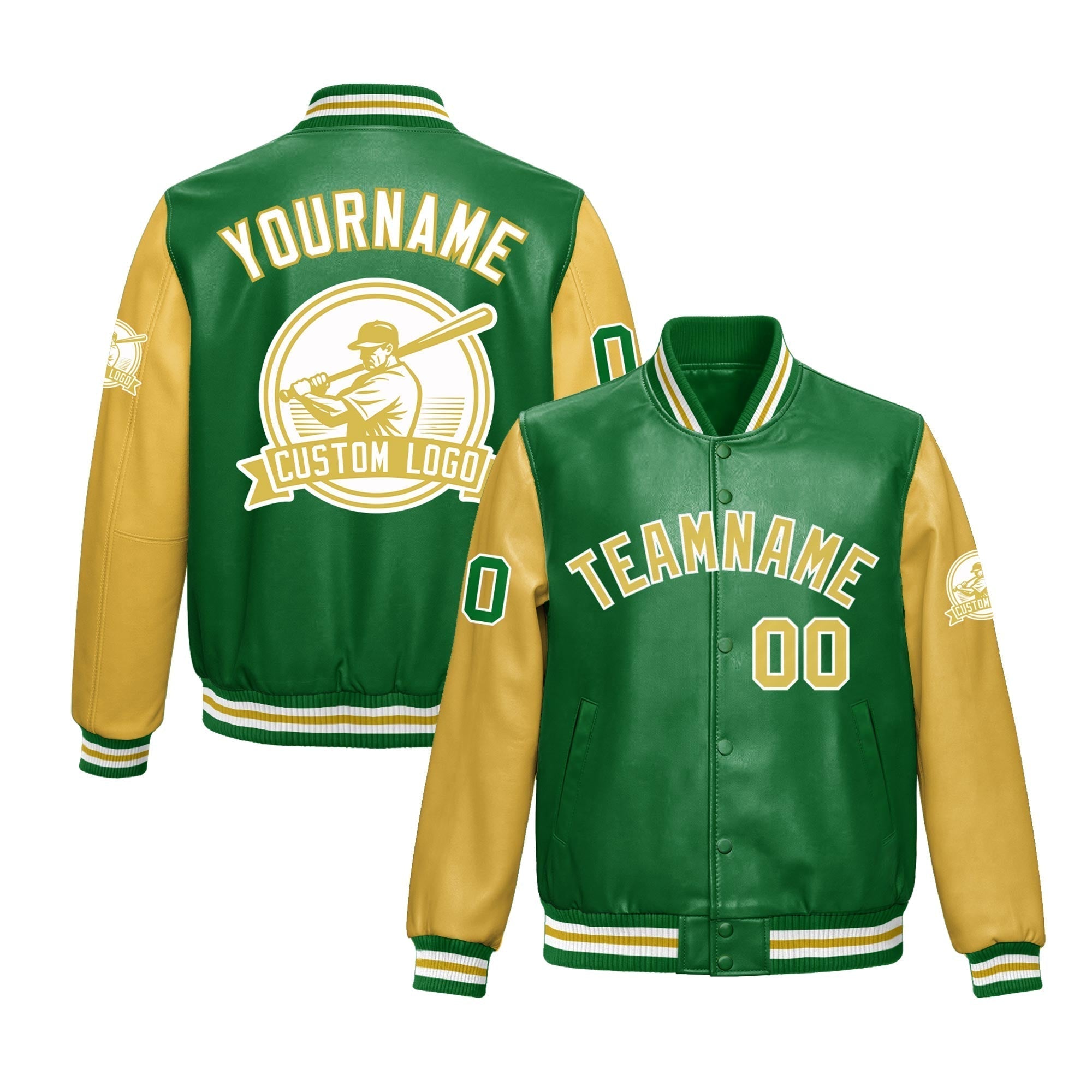Custom Kelly Green Khaki Raglan Sleeves Full-Snap Faux Leather Letterman Jacket| KXKSHOP