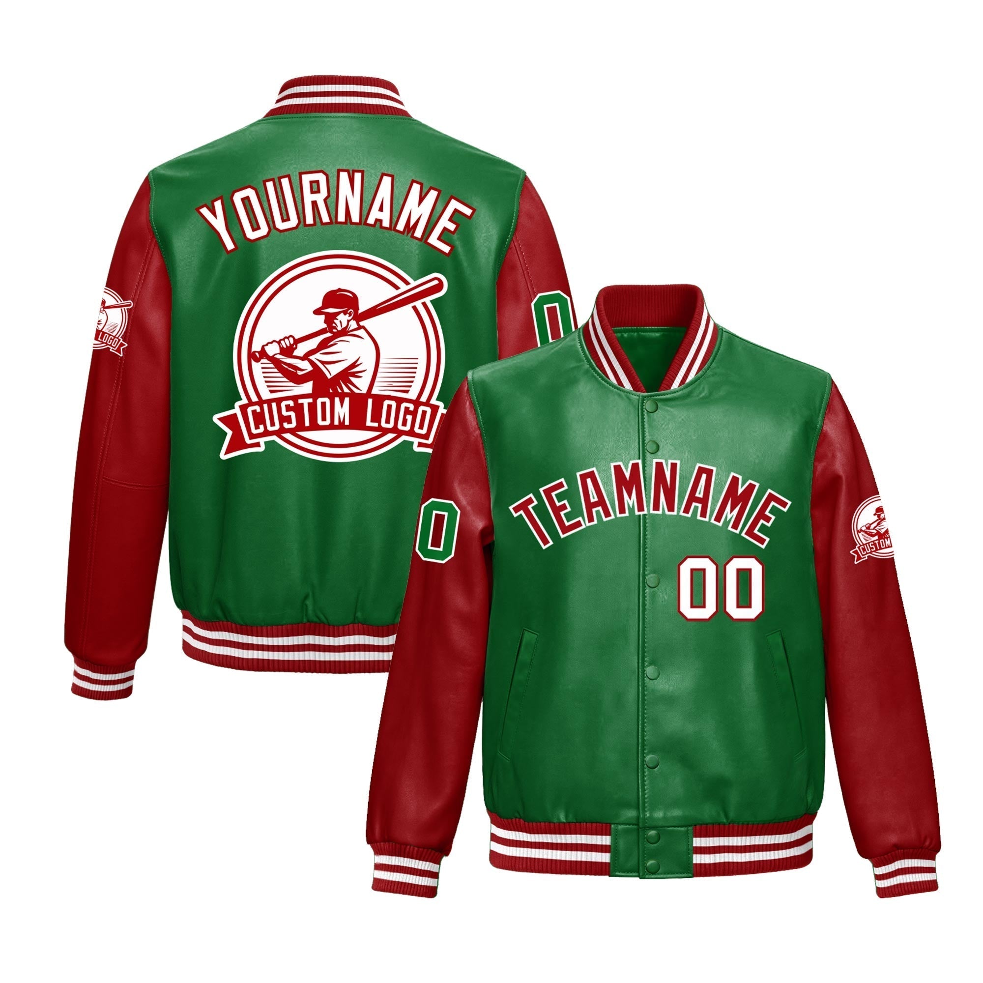 Custom Kelly Green Red Raglan Sleeves Full-Snap Faux Leather Letterman Jacket| KXKSHOP
