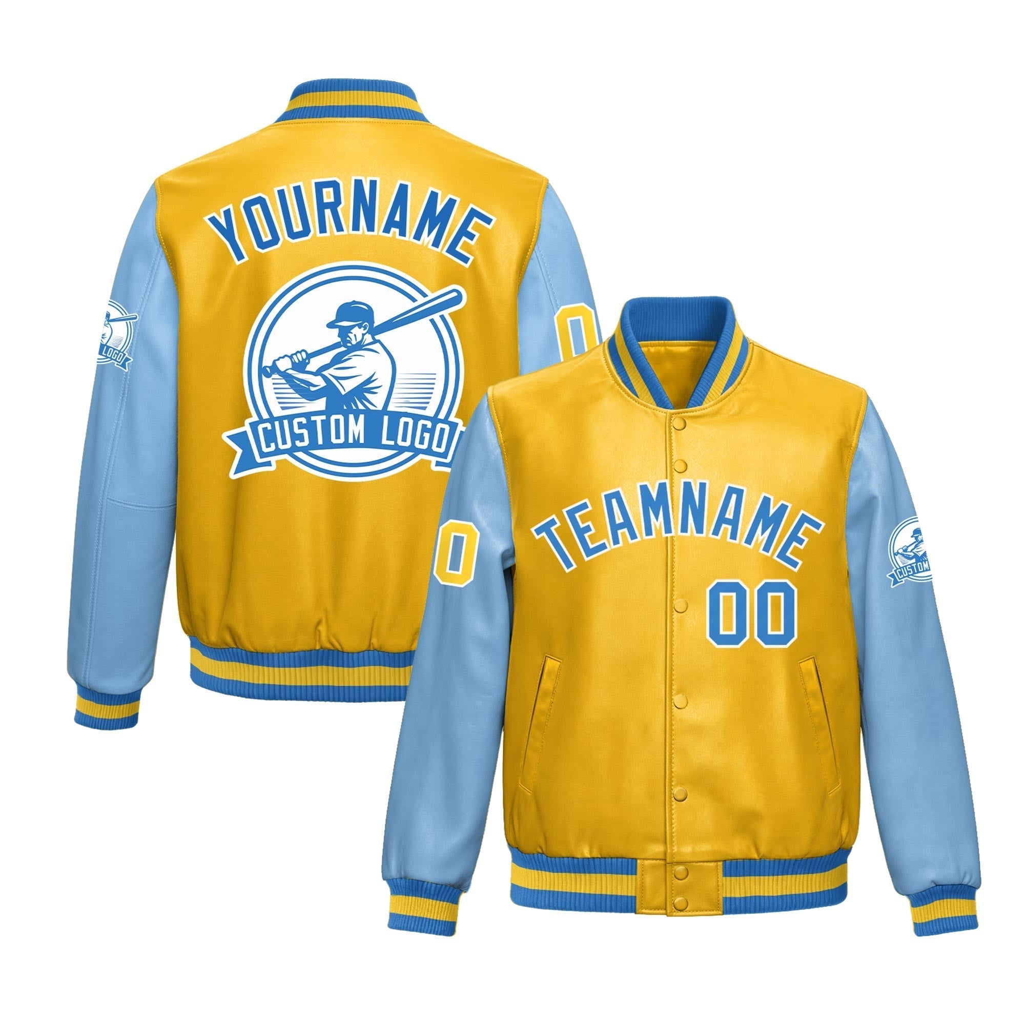 Custom Yellow Powder Blue Raglan Sleeves Full-Snap Faux Leather Letterman Jacket| KXKSHOP