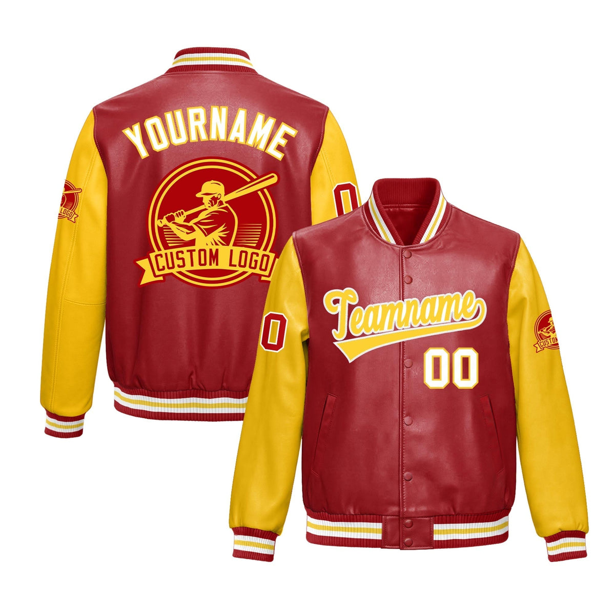 Custom Yellow Red Raglan Sleeves Full-Snap Faux Leather Letterman Jacket| KXKSHOP