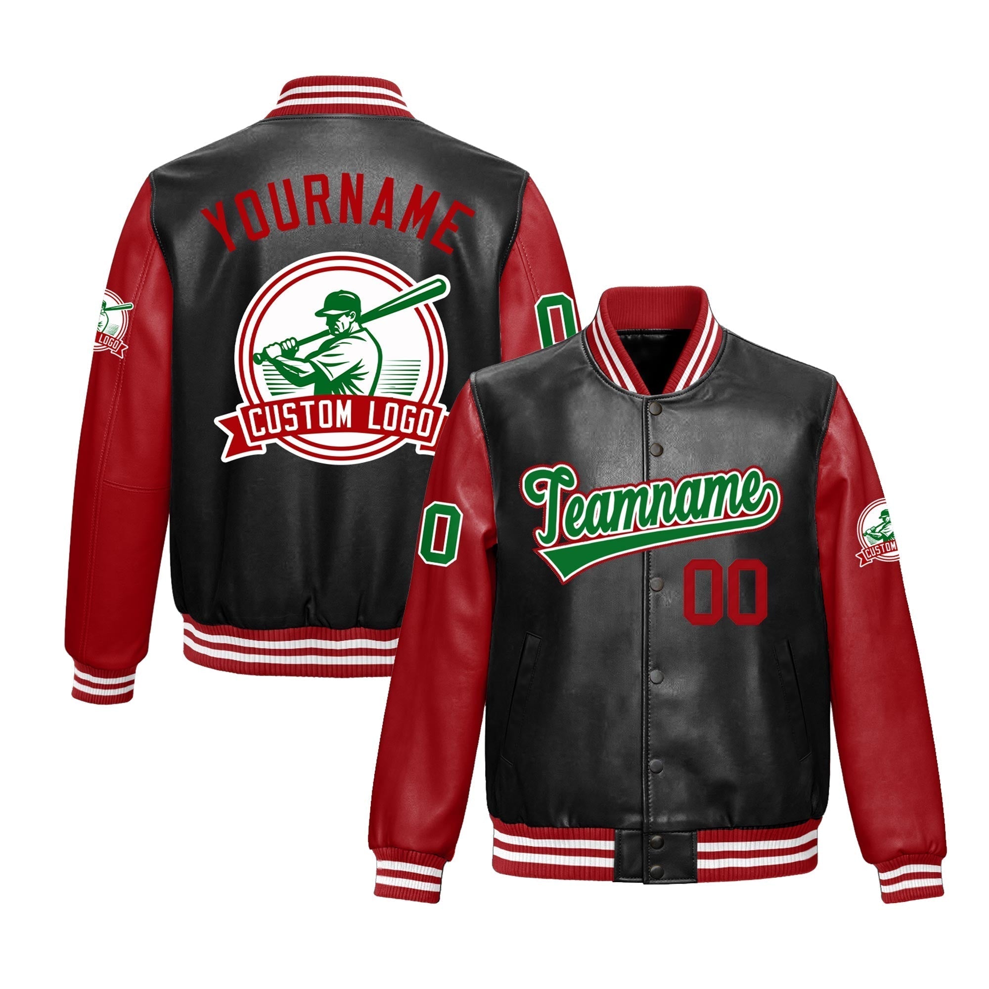 Custom Black Red Raglan Sleeves Full-Snap Faux Leather Letterman Jacket| KXKSHOP