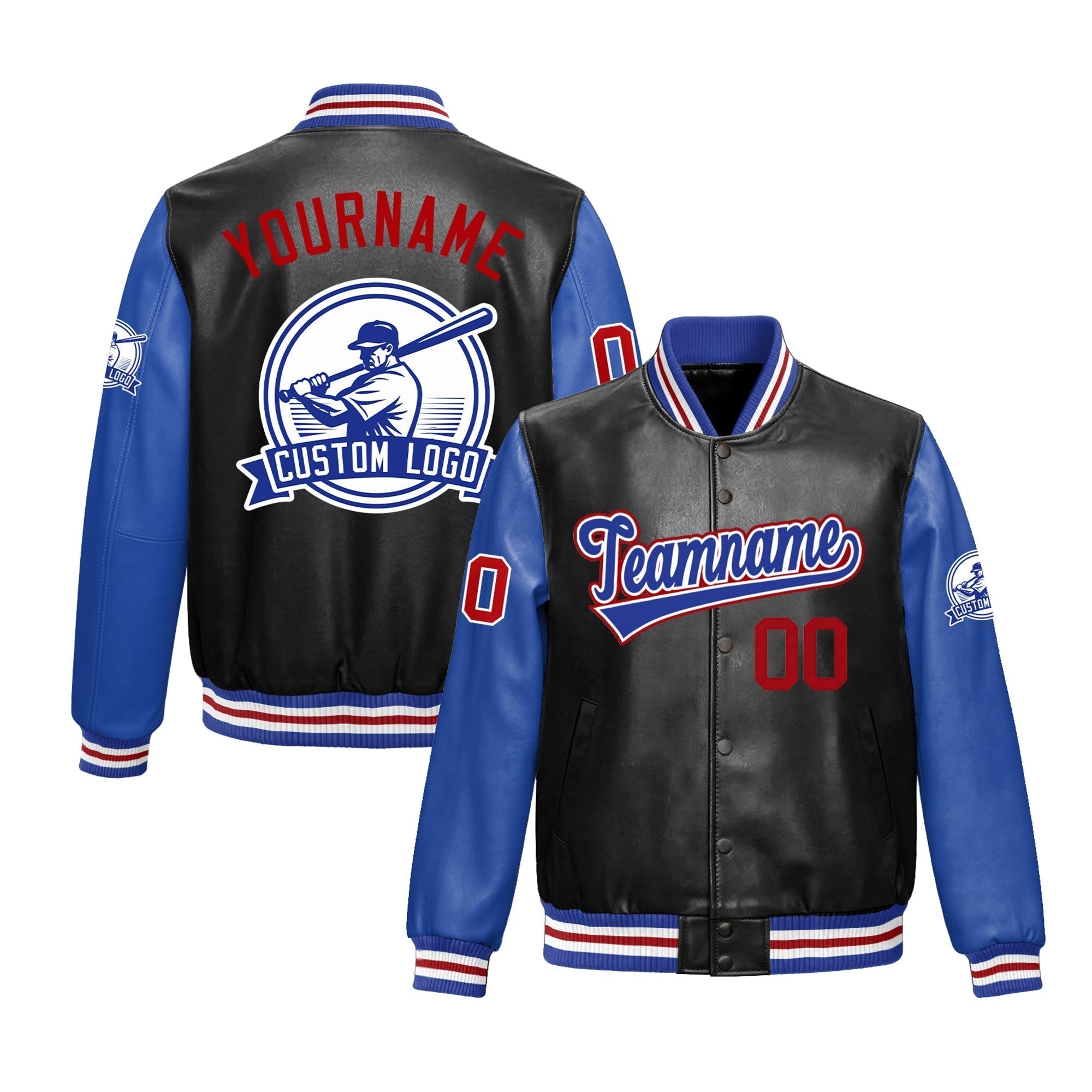 Custom Black Royal Blue Raglan Sleeves Full-Snap Faux Leather Letterman Jacket| KXKSHOP