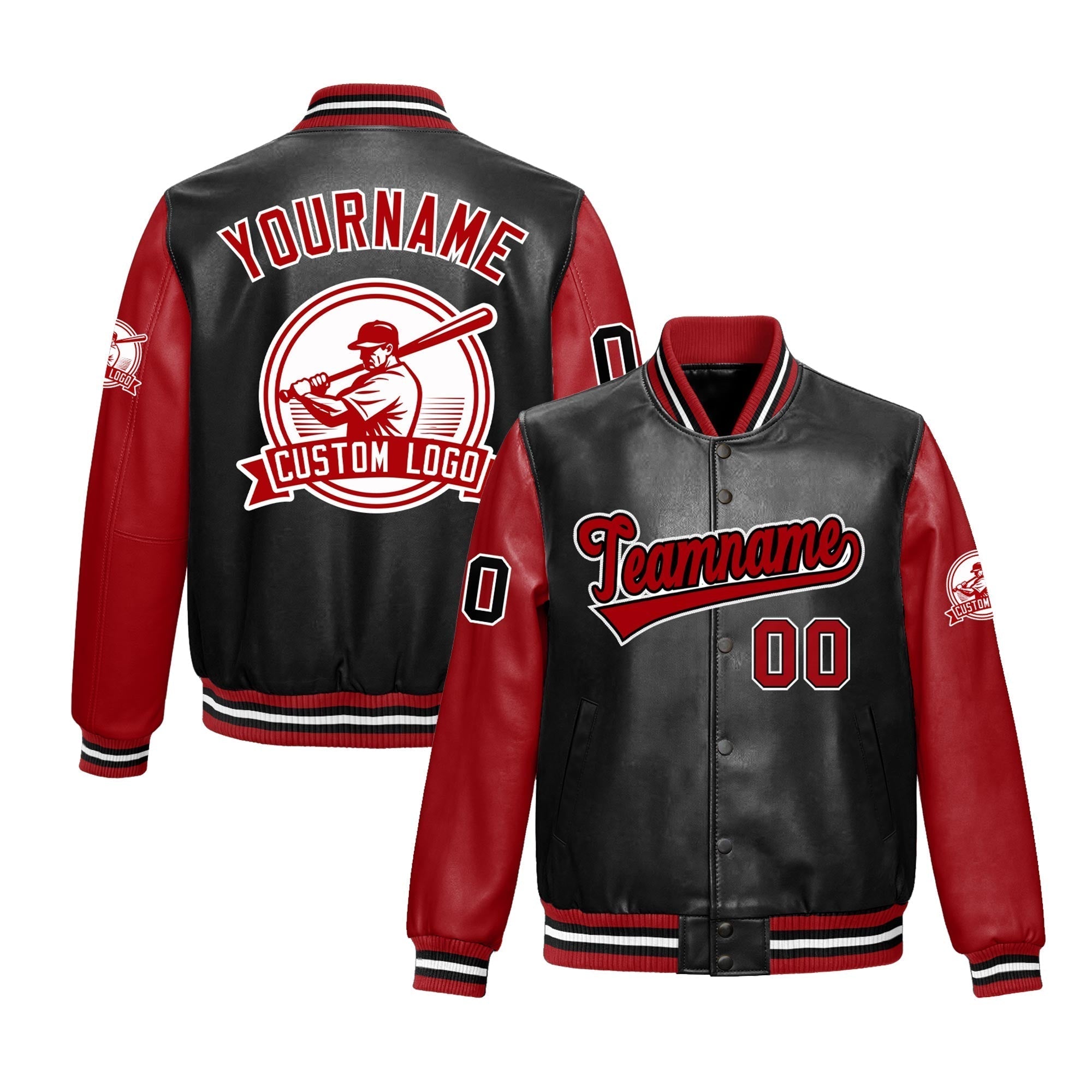 Custom Black Red Raglan Sleeves Full-Snap Faux Leather Letterman Jacket| KXKSHOP