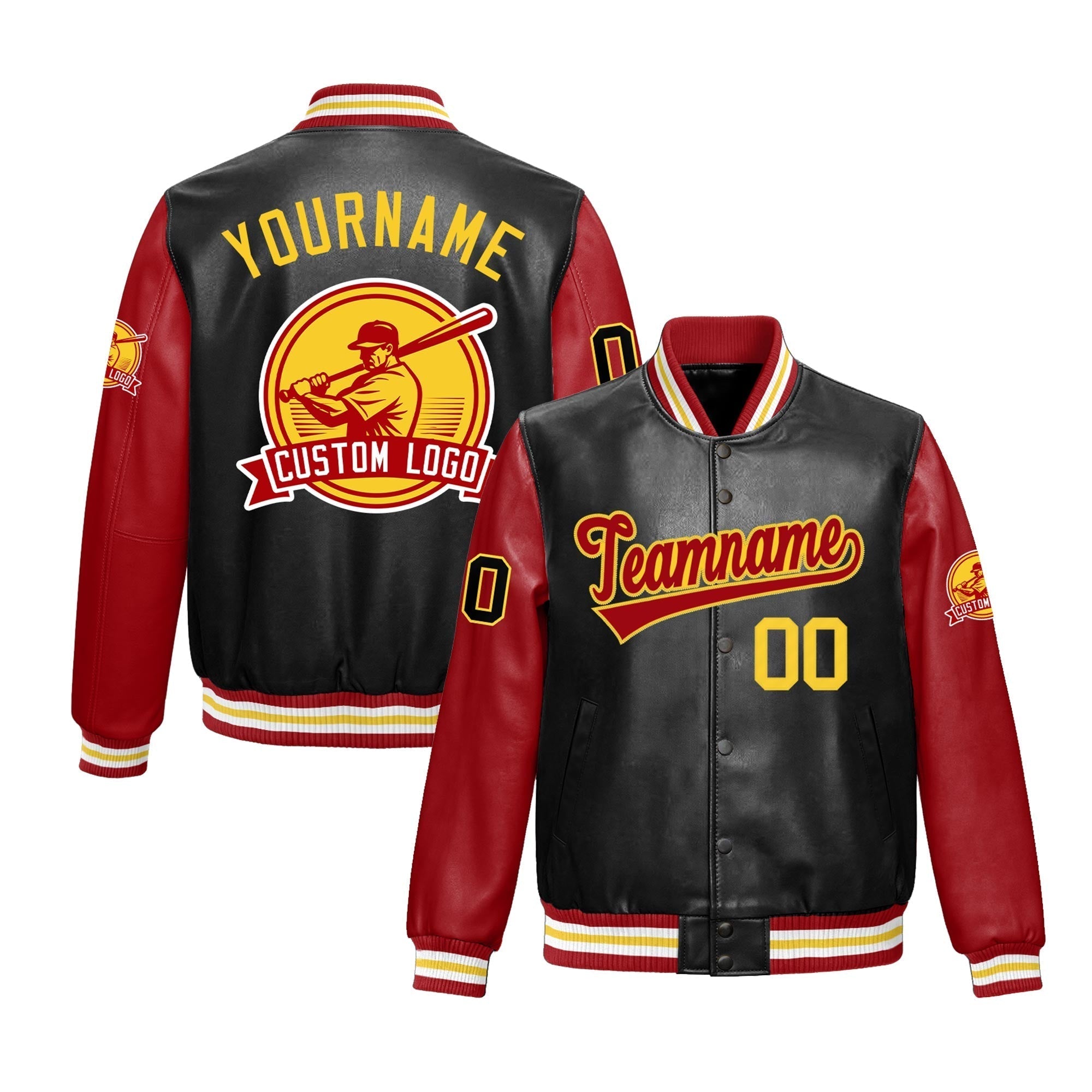 Custom Black Red Raglan Sleeves Full-Snap Faux Leather Letterman Jacket| KXKSHOP