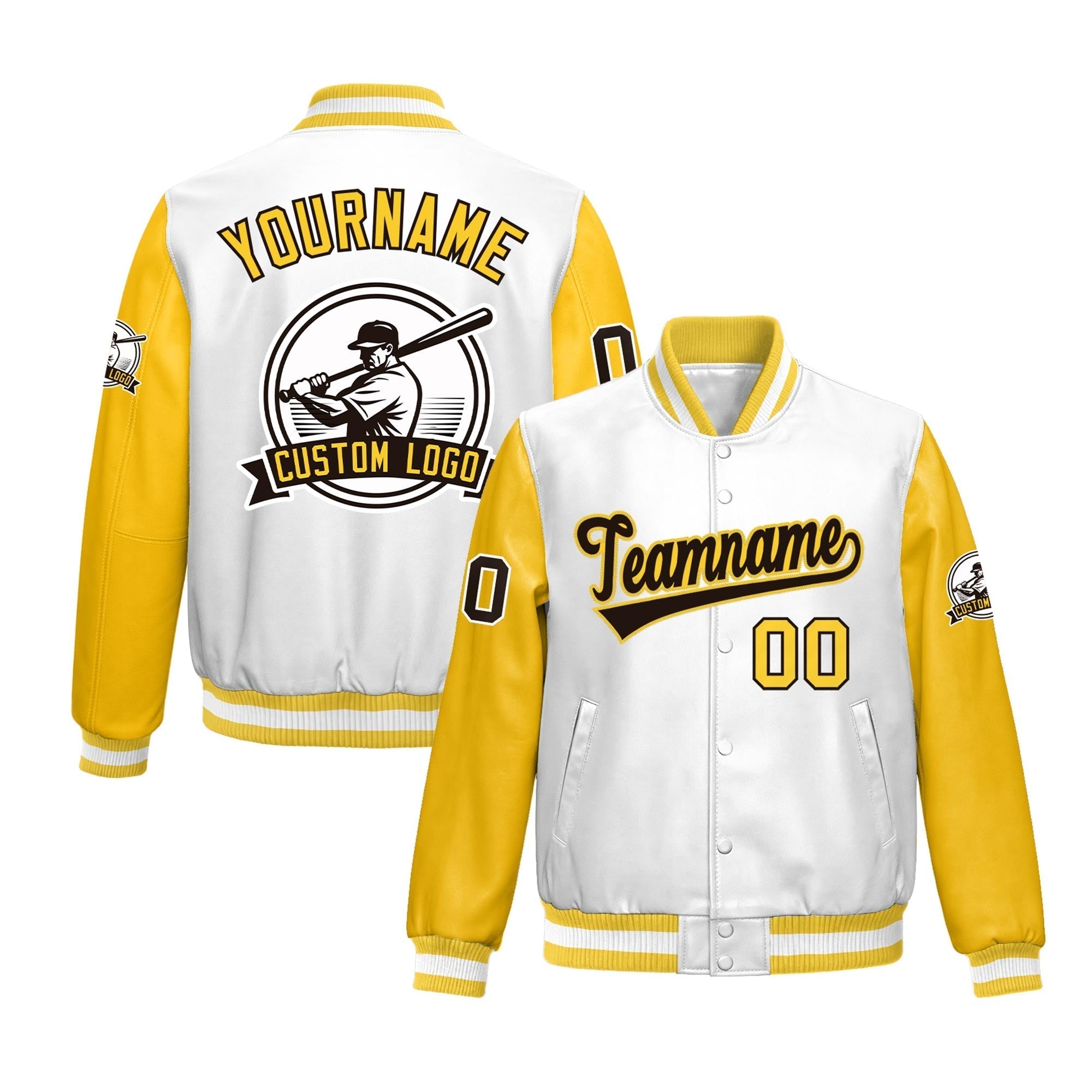 Custom Yellow Gold Raglan Sleeves Full-Snap Faux Leather Letterman Jacket| KXKSHOP