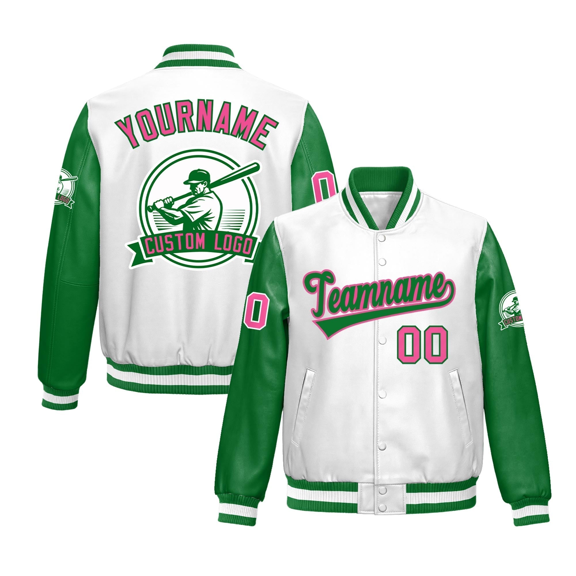 Custom Kelly Green White Raglan Sleeves Full-Snap Faux Leather Letterman Jacket| KXKSHOP