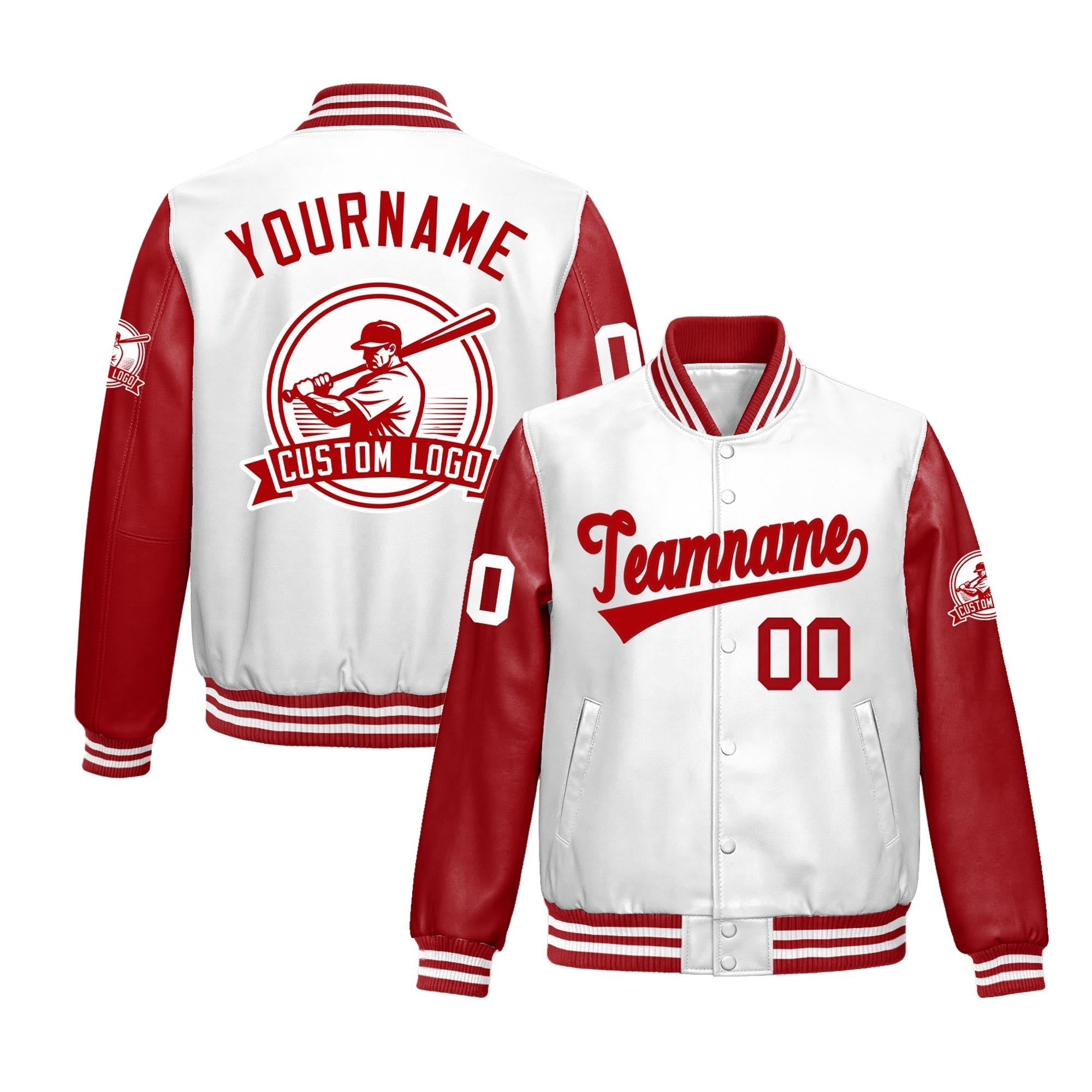 Custom Red White Raglan Sleeves Full-Snap Faux Leather Letterman Jacket| KXKSHOP
